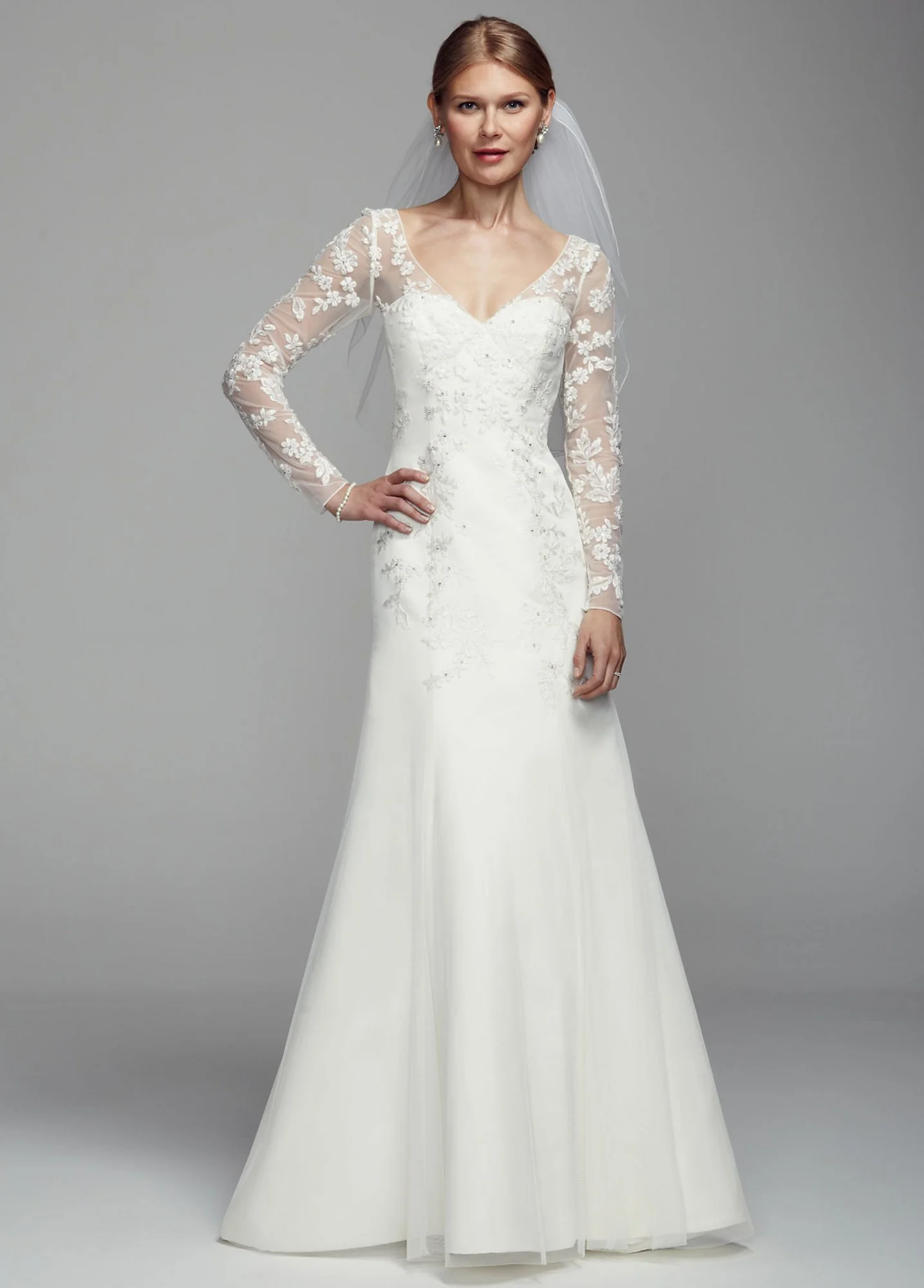 Long Illusion Sleeve Tulle Gown with Floral Detail