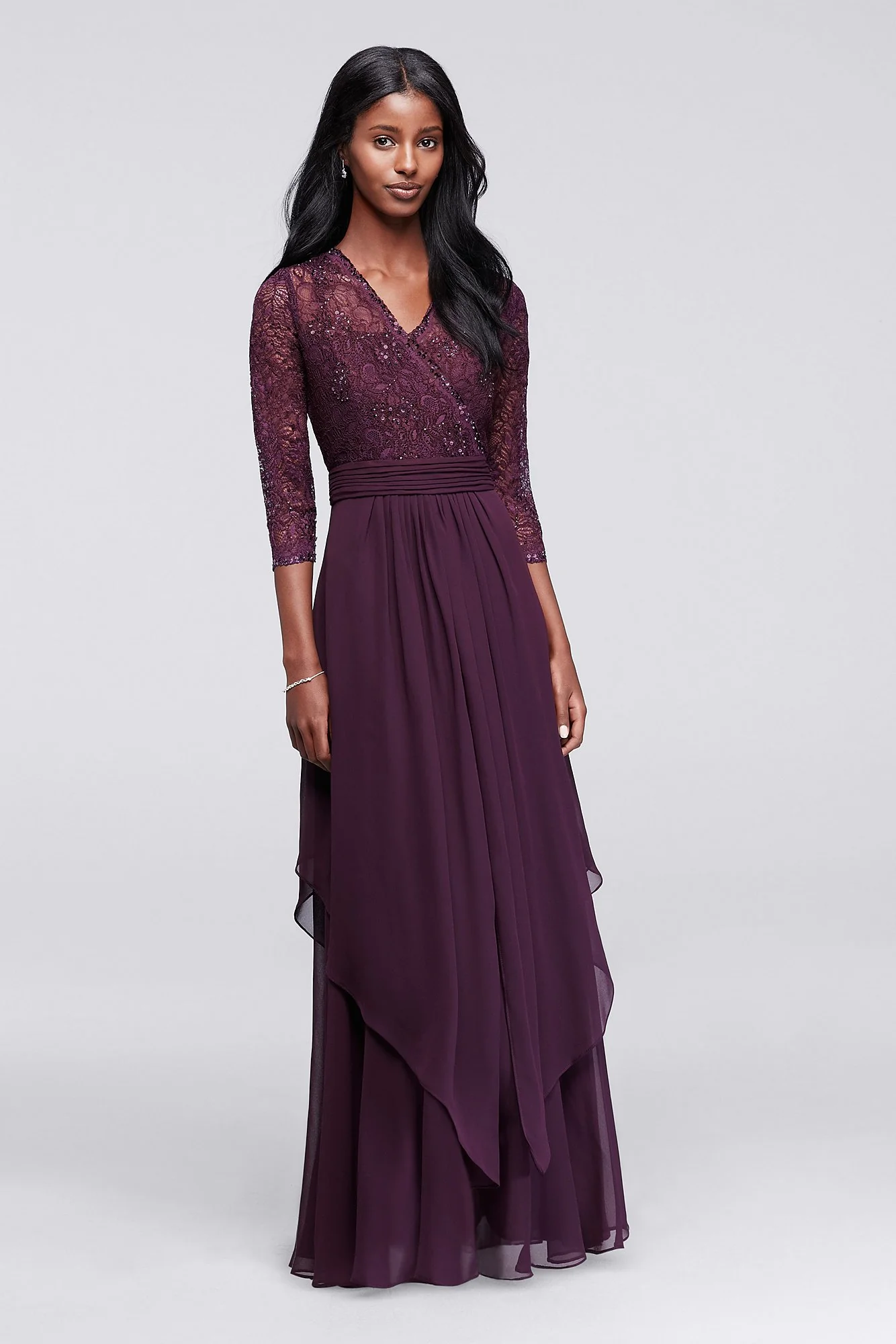 3/4 Sleeve Beaded Illusion Lace and Chiffon Dress - Image 2