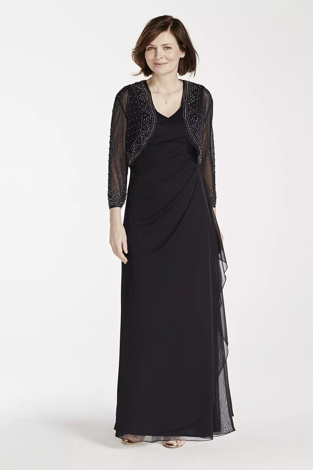 Long Mesh Dress with 3/4 Sleeve Beaded Jacket - Image 4