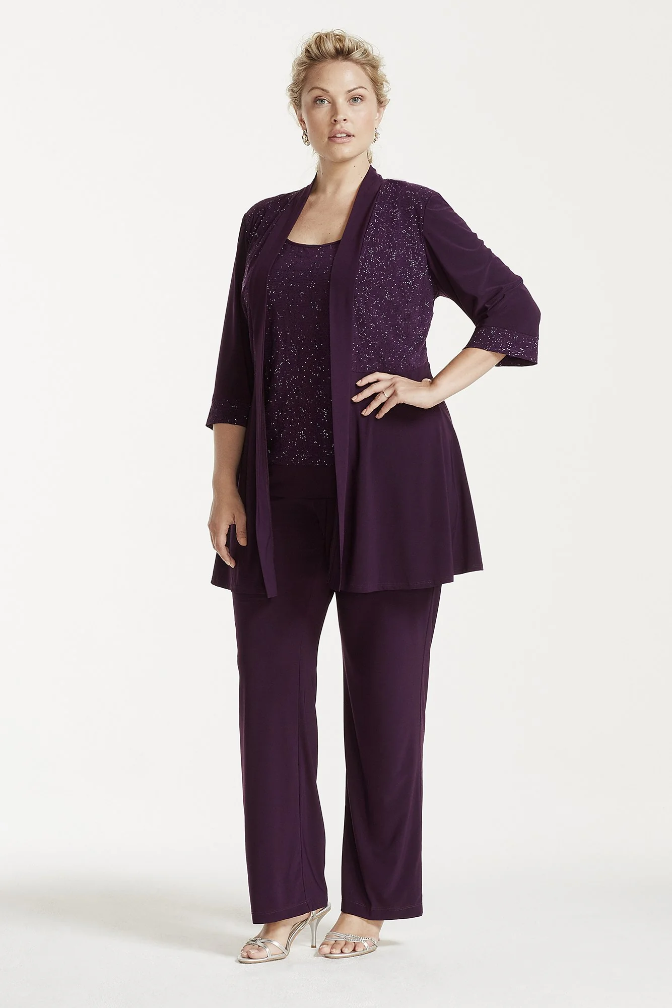 3/4-Sleeve Glitter Print Jacket and Pants Set - Image 4