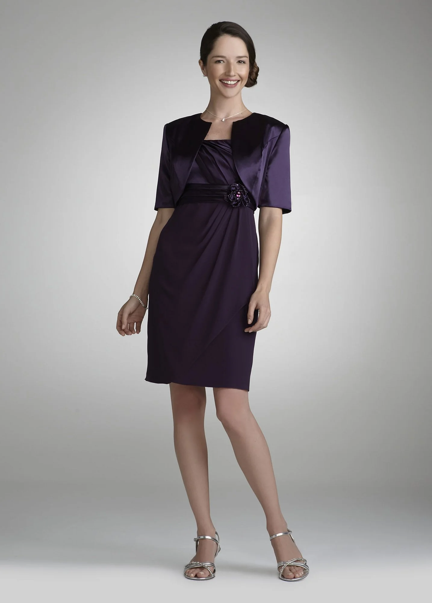 3/4 Sleeve Jacket Dress with Flower Detail - Image 2