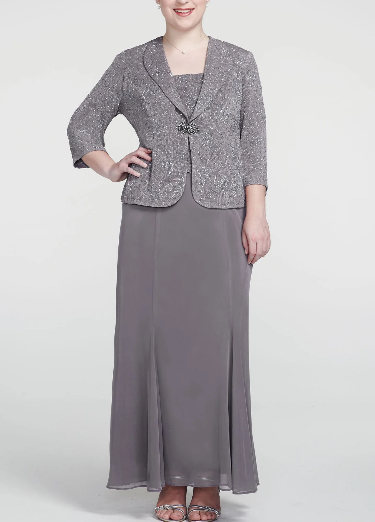 3/4 Sleeve Jacket Dress with Rhinestone Brooch - Image 2