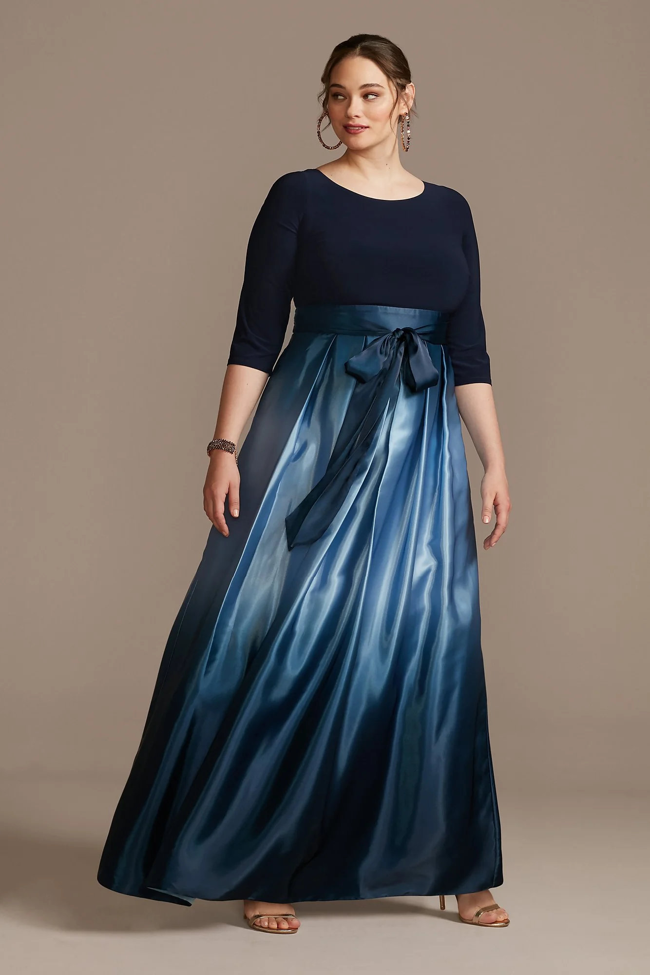 3/4 Sleeve Jersey Bodice Ombre Ball Gown - Image 2