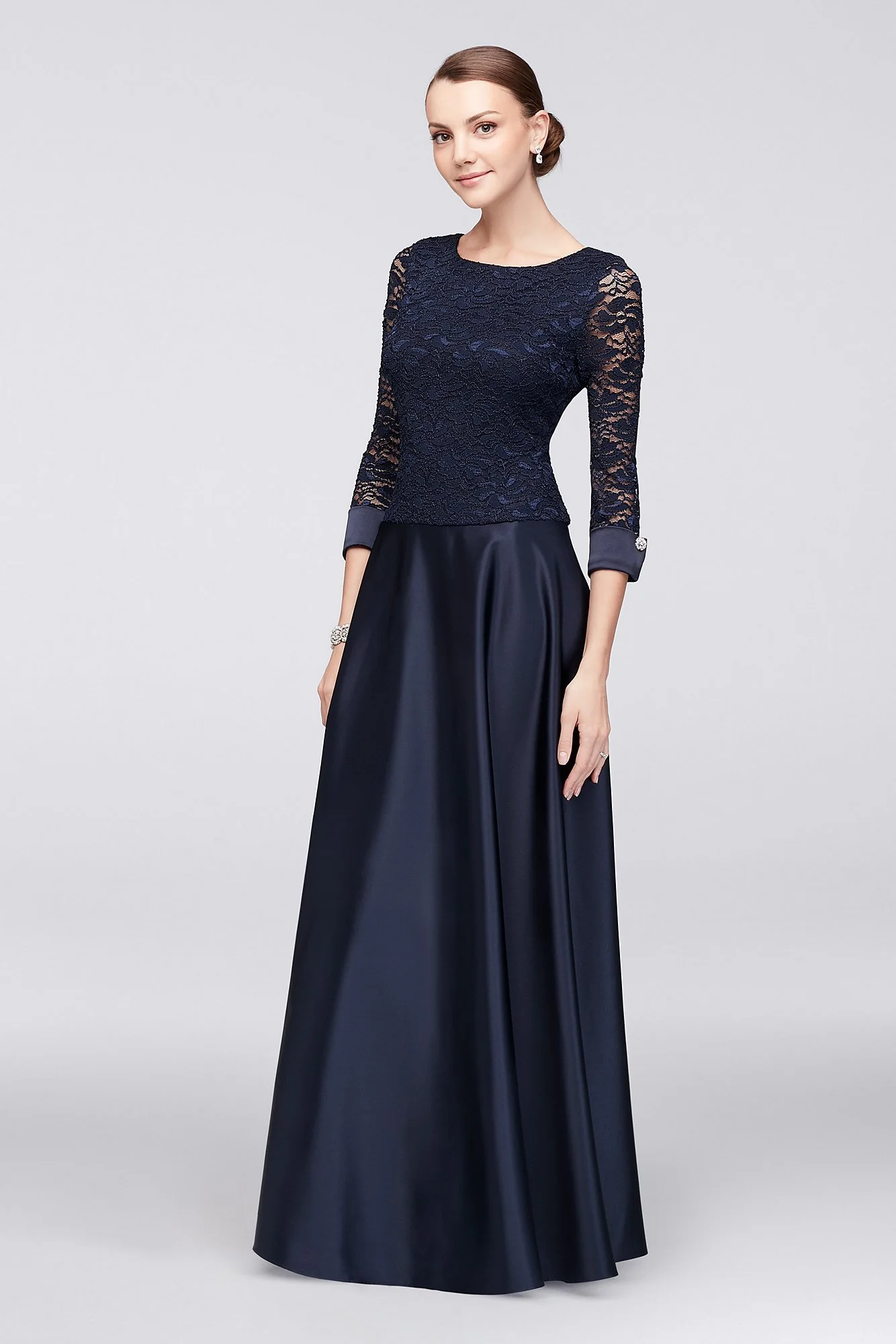 3/4 Sleeve Lace and Satin Dress with Gem Buttons - Image 2