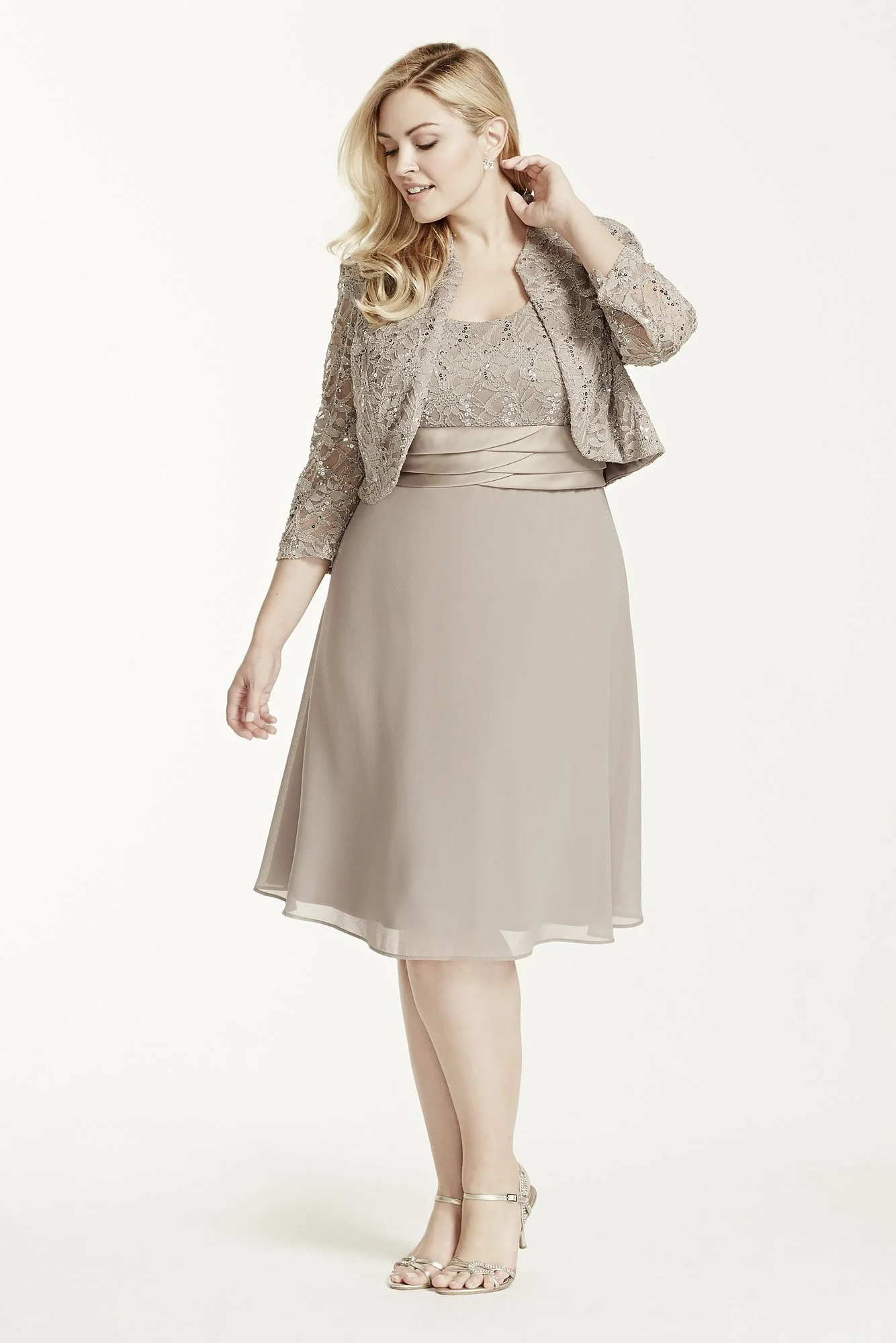 3/4 Sleeve Lace Jacket Dress with Chiffon Skirt - Image 2