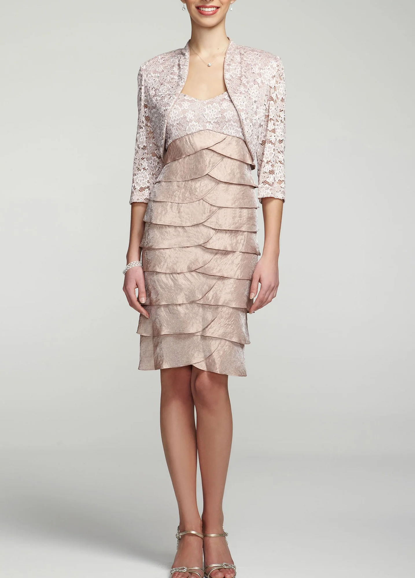 3/4 Sleeve Lace Jacket Dress with Tiered Skirt - Image 2