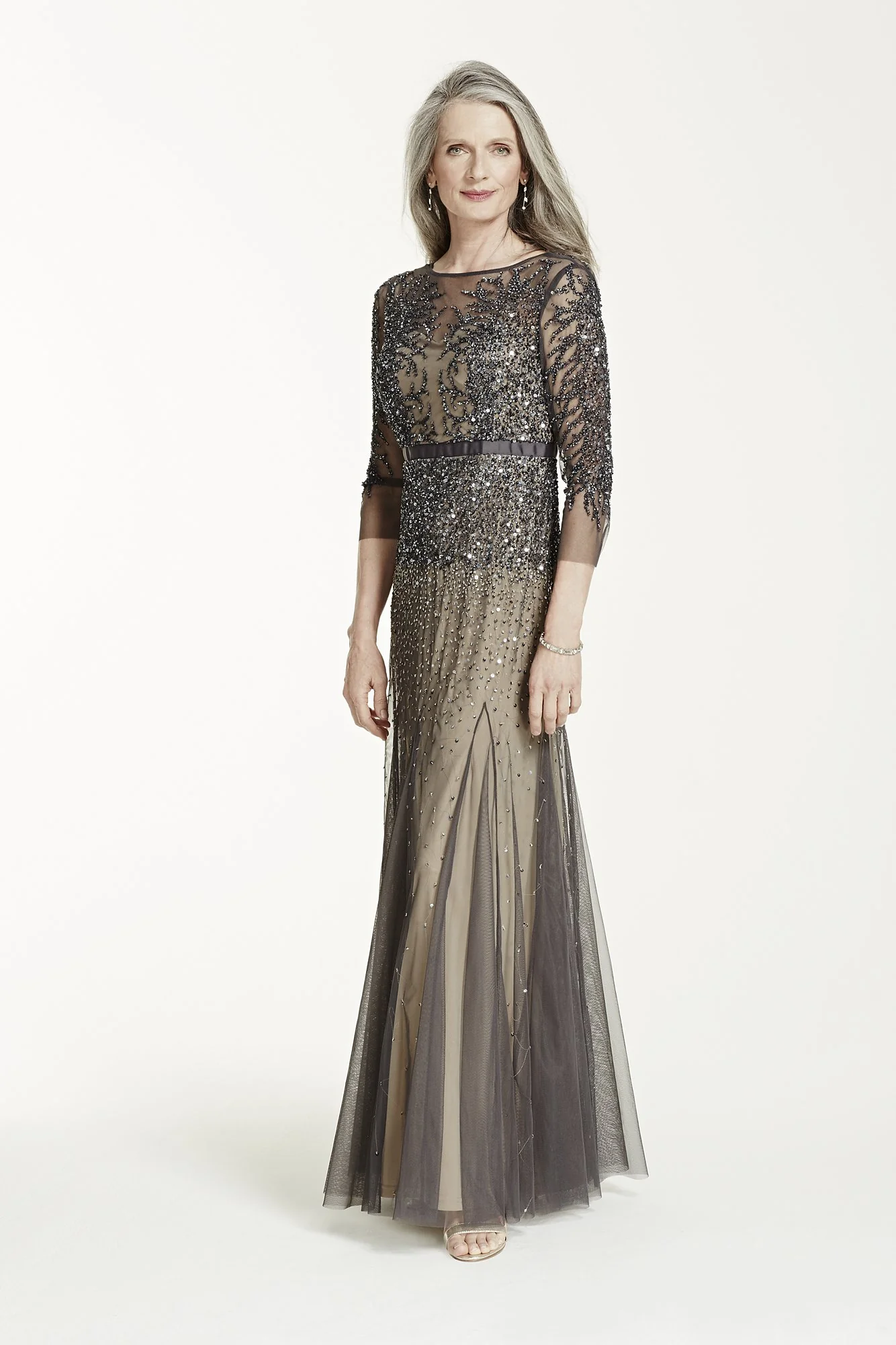 3/4 Sleeve Long Beaded Gown with Ribbon Waist