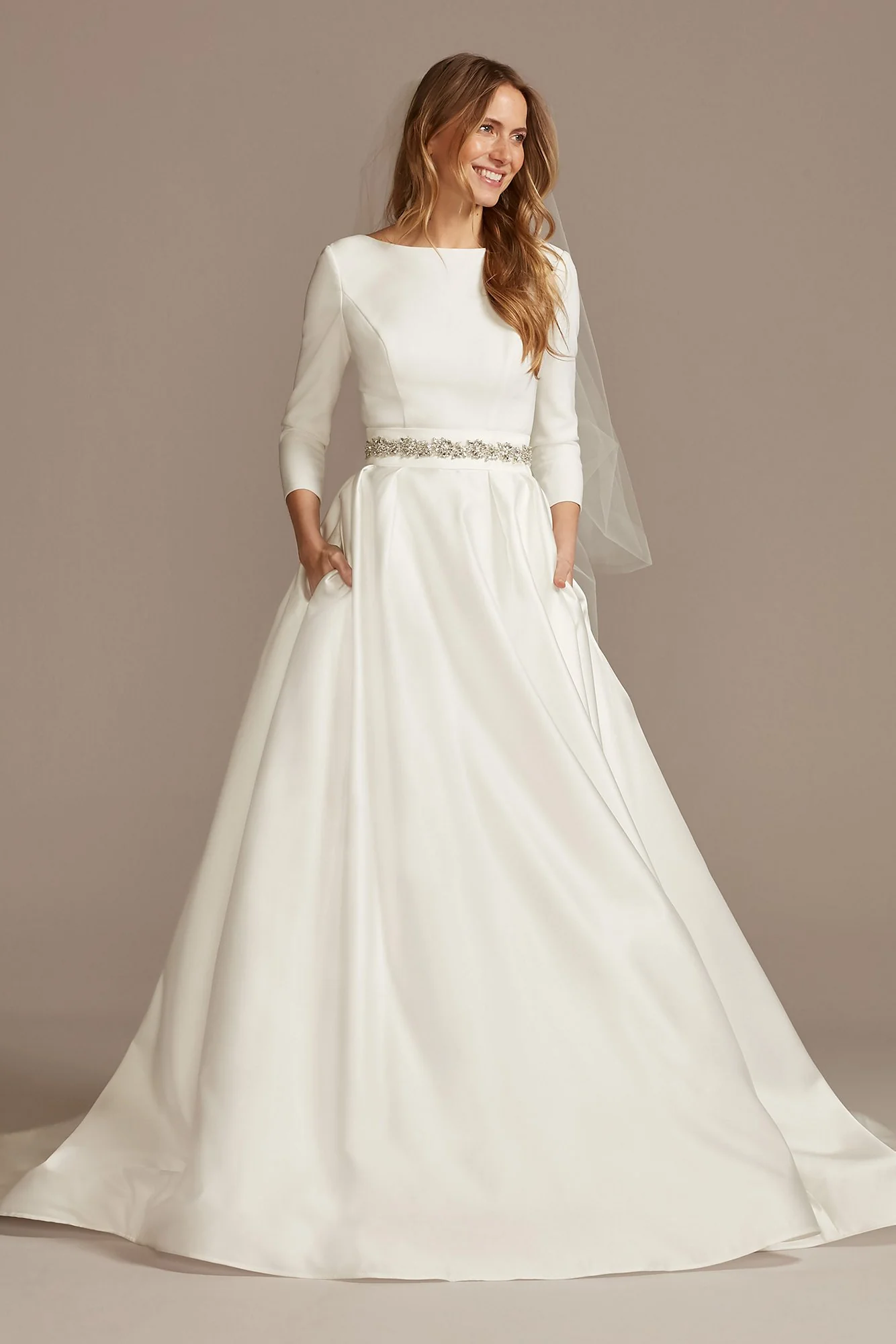 3/4 Sleeve Low Back Satin Plus Size Wedding Dress - Image 2