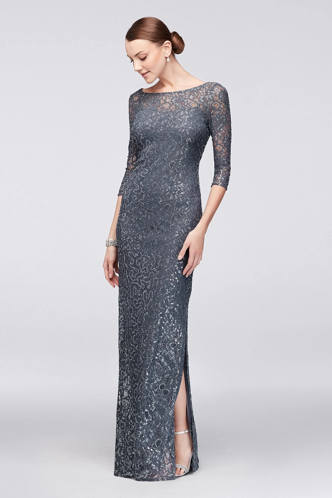 3/4-Sleeve Sequined Lace Column Dress with V-Back - Image 2
