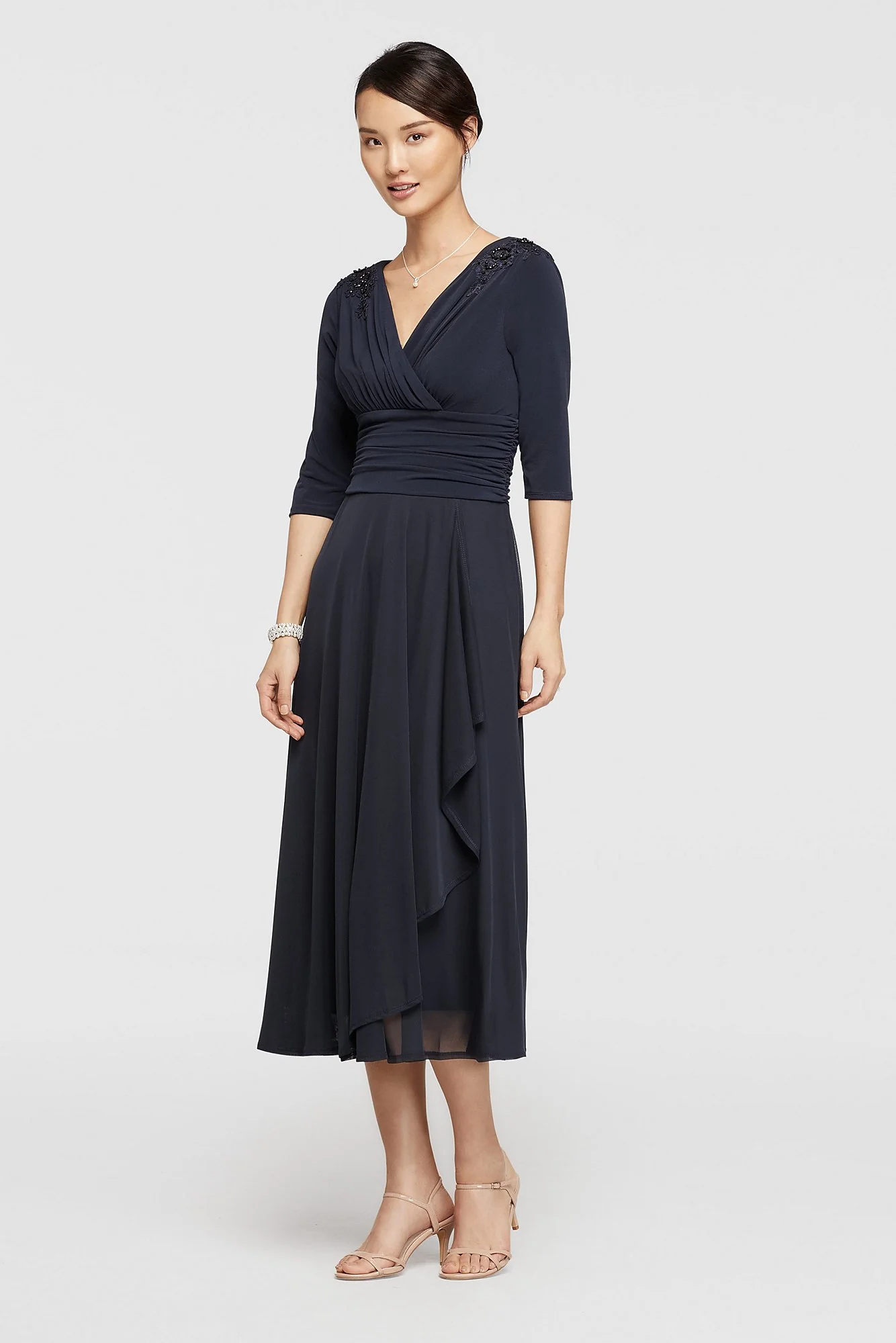 3/4 Sleeve Short Jersey Dress with Shirred Waist - Image 2