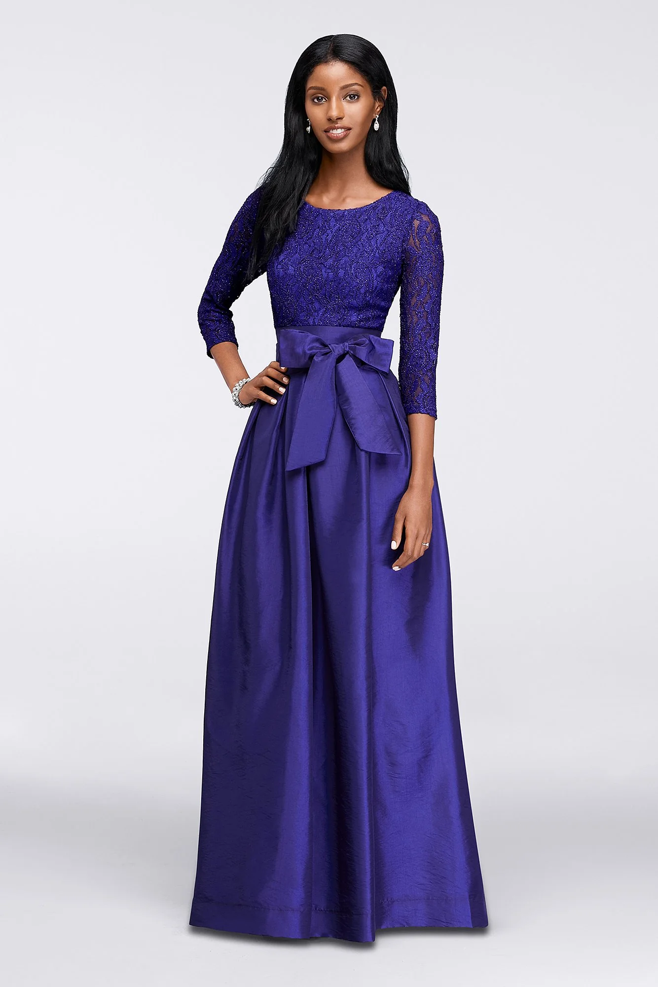 3/4 Sleeve Taffeta Ball Gown with Lace Bodice - Image 2