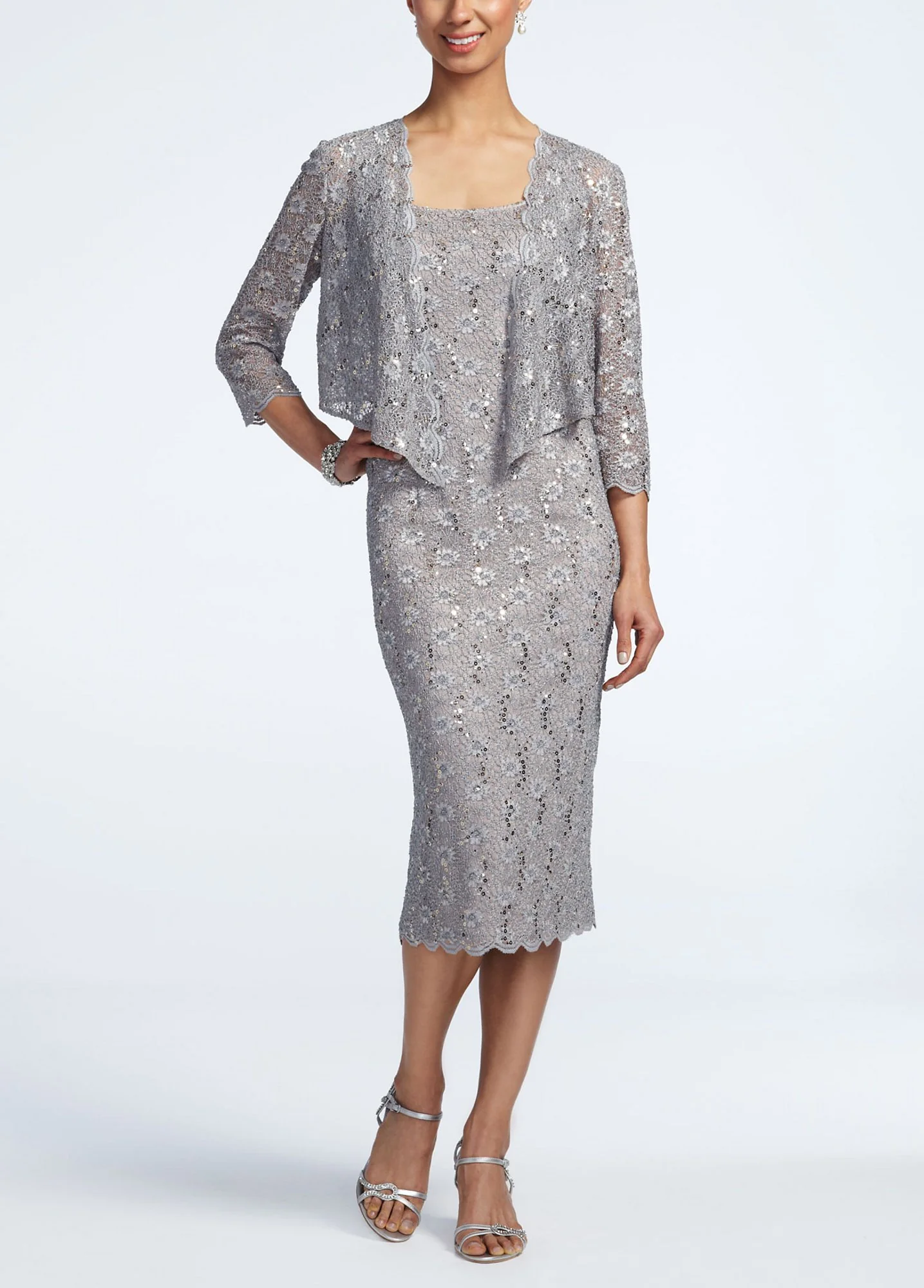 3/4 Sleeve Tea Length Lace Jacket Dress - Image 2