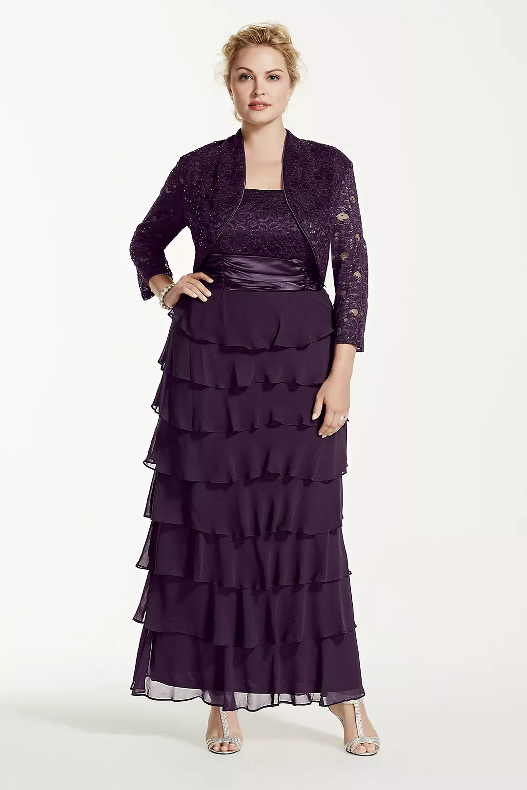3/4 Sleeve Lace Jacket Dress with Tiered Skirt - Image 2