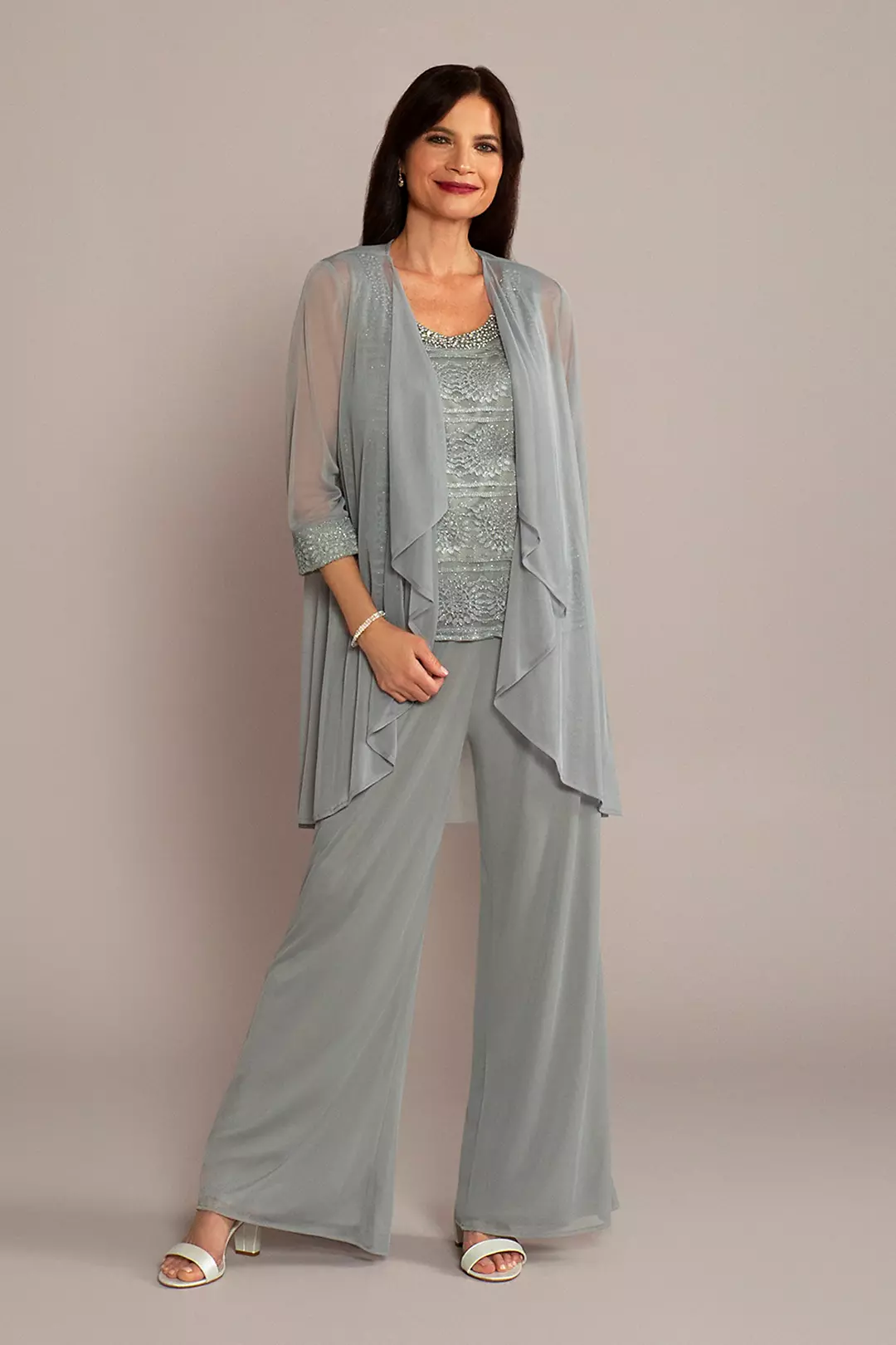 3-Piece Pantsuit with Beaded Tank and Flowy Jacket - Image 13