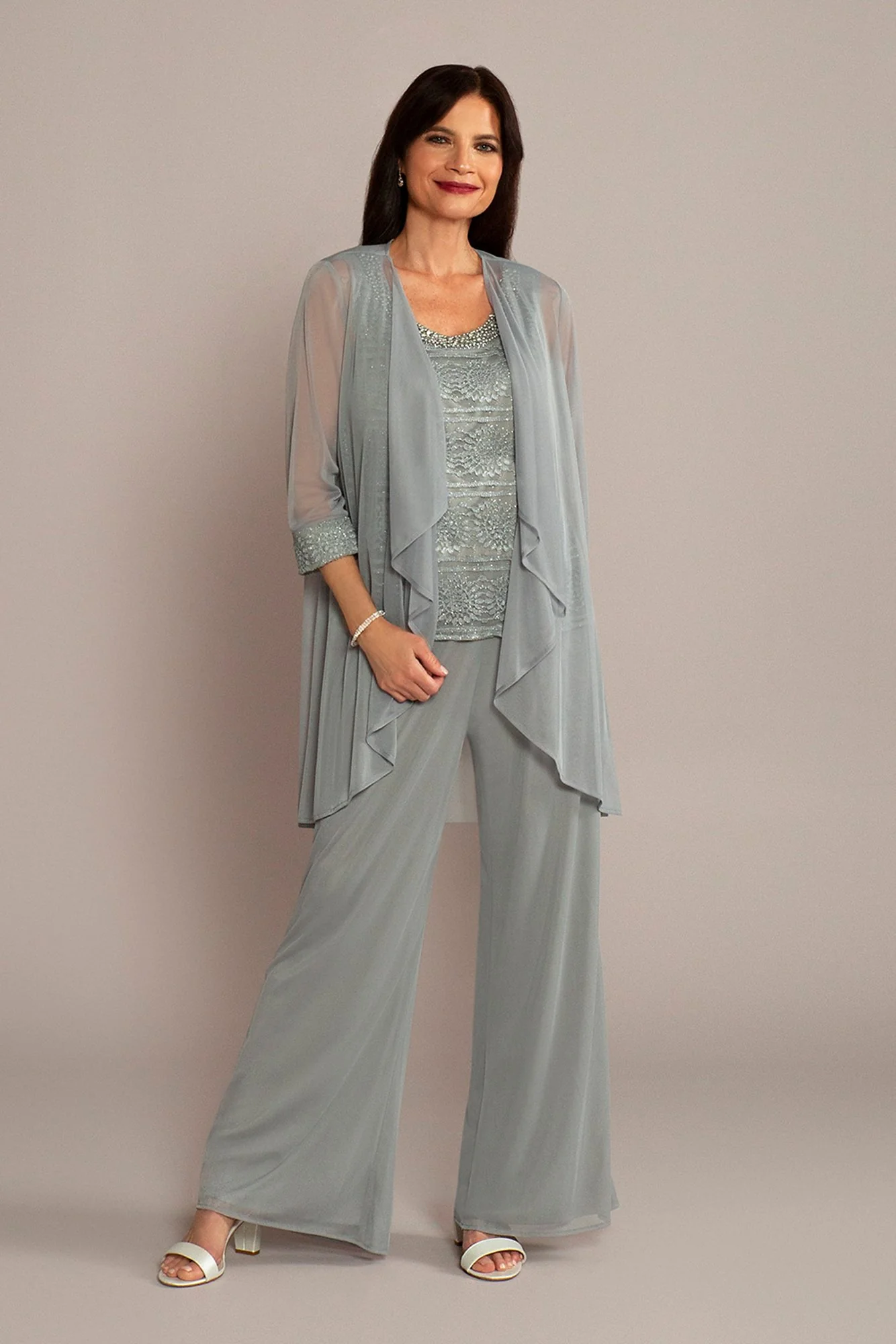 3-Piece Pantsuit with Beaded Tank and Flowy Jacket - Image 2