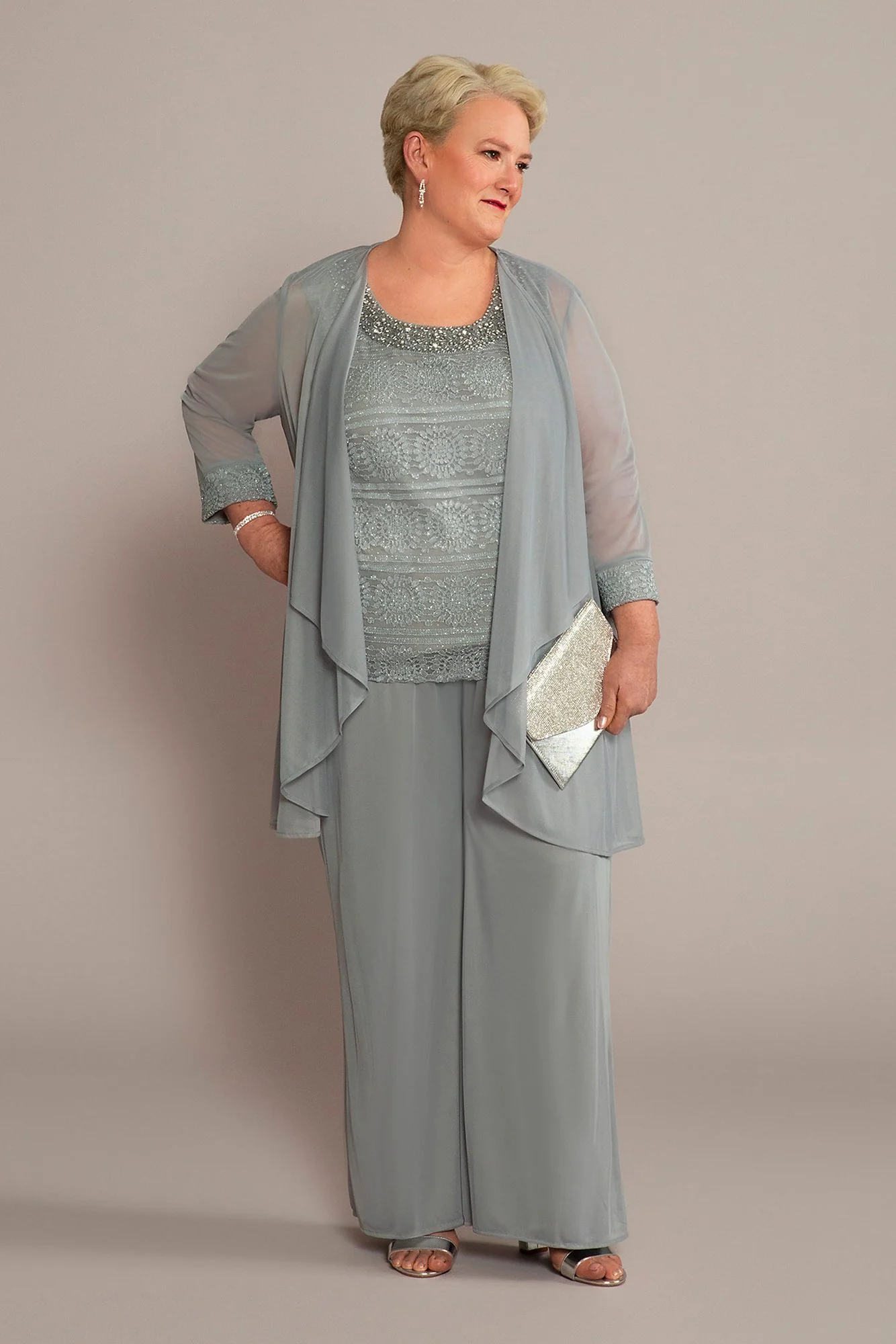 3-Piece Pantsuit with Beaded Tank and Flowy Jacket - Image 3