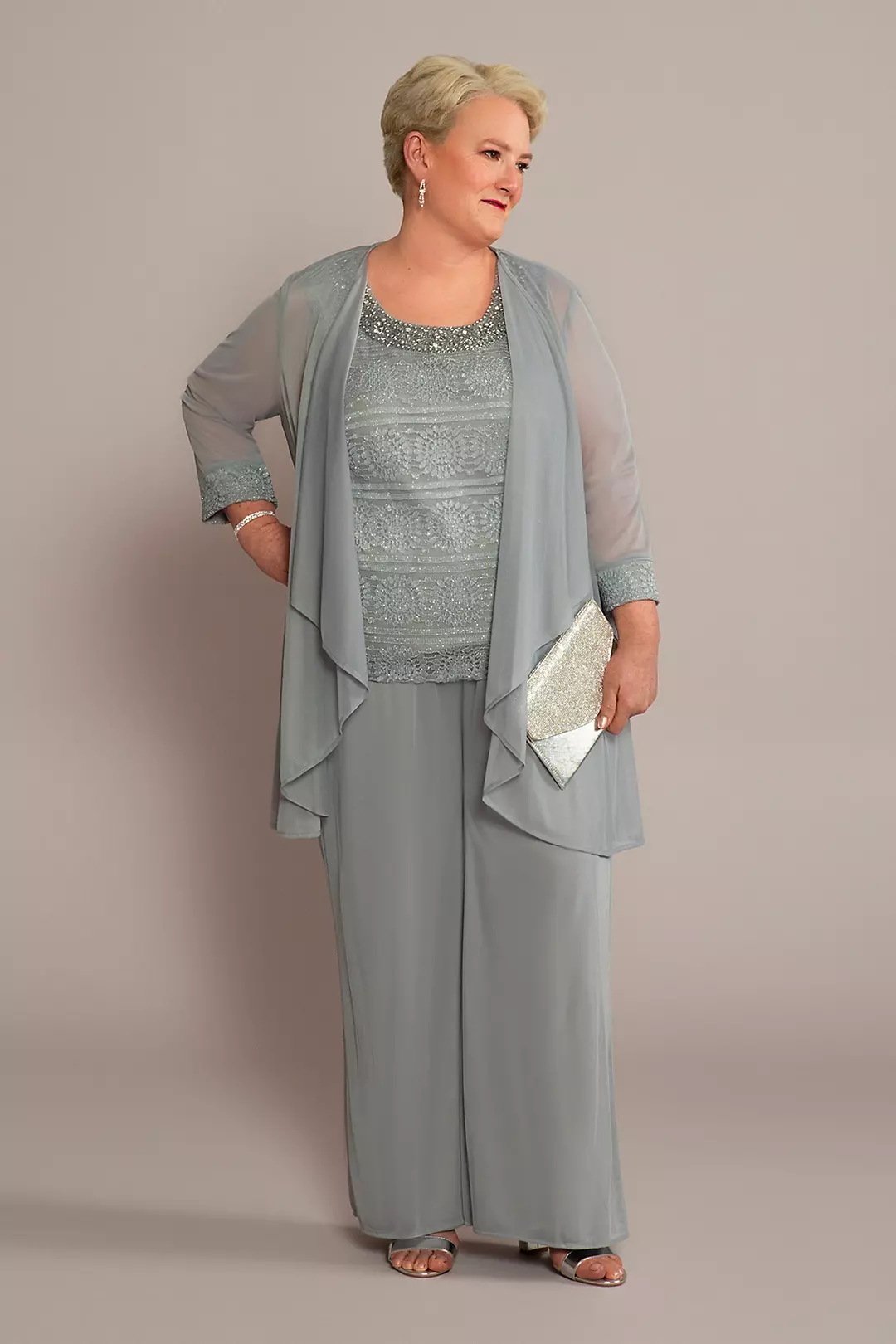 3-Piece Pantsuit with Beaded Tank and Flowy Jacket - Image 7