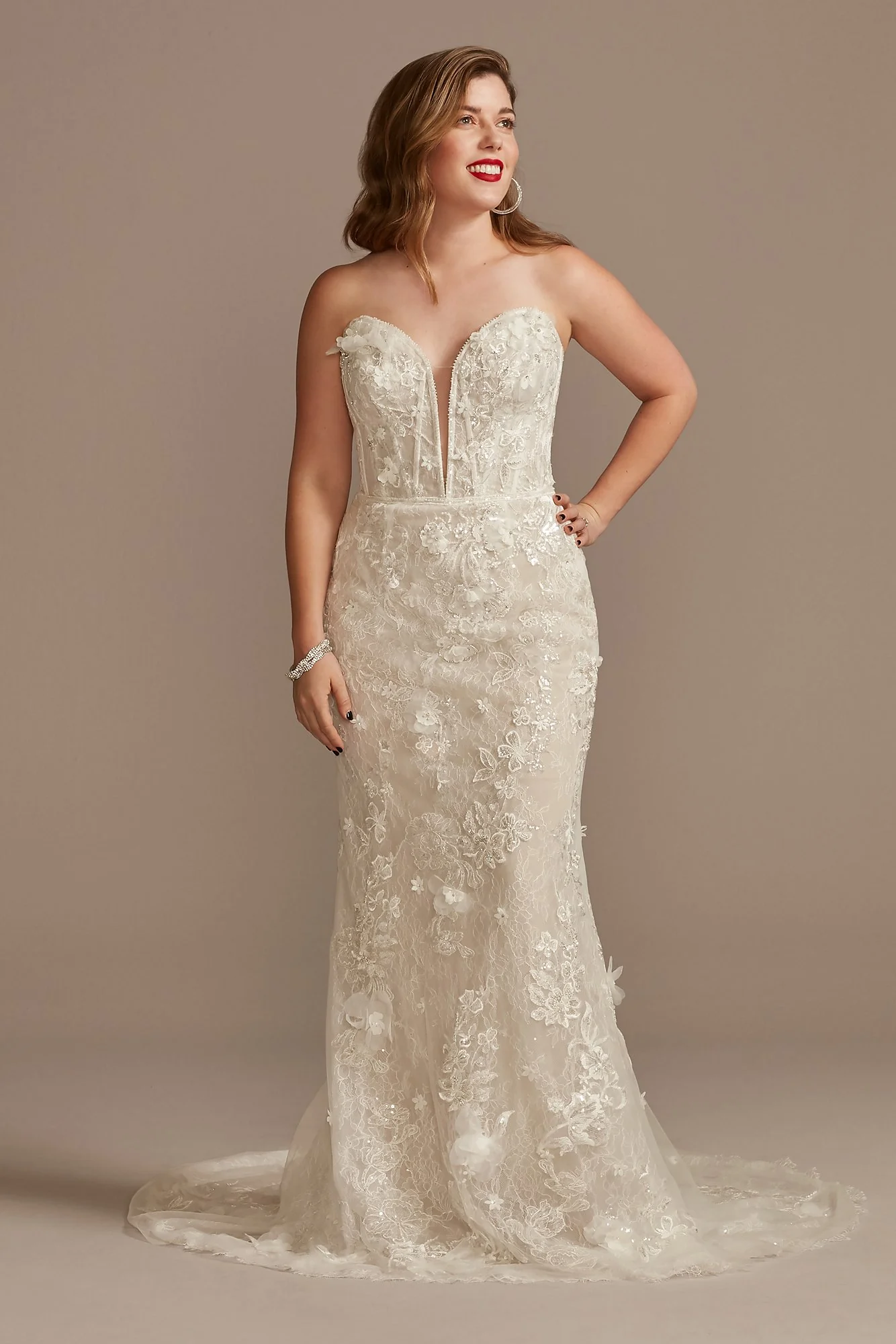 3D Floral Applique Plunge Sheath Wedding Dress - Image 2