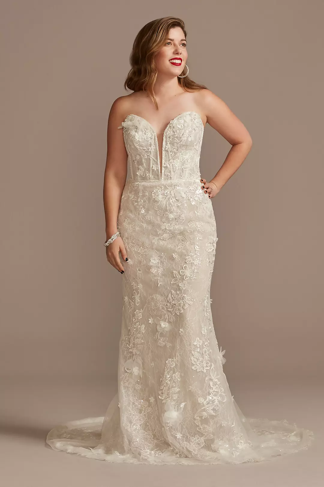 3D Floral Applique Plunge Sheath Wedding Dress - Image 3