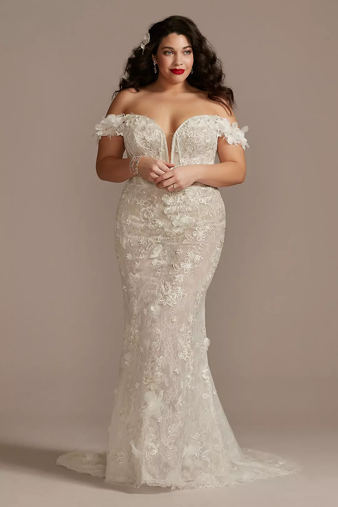 3D Floral Applique Plunge Sheath Wedding Dress - Image 13