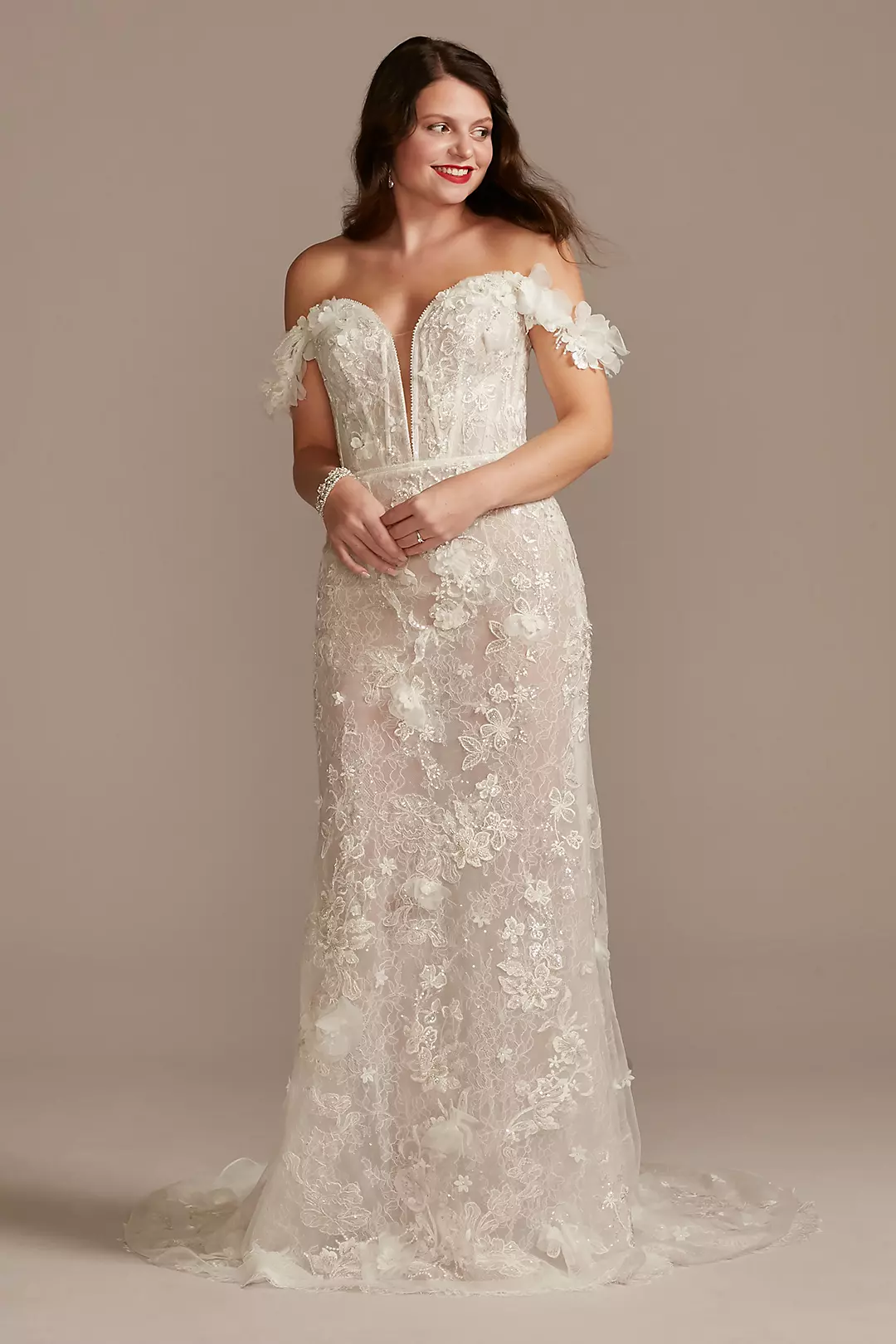 3D Floral Applique Plunge Sheath Wedding Dress - Image 16