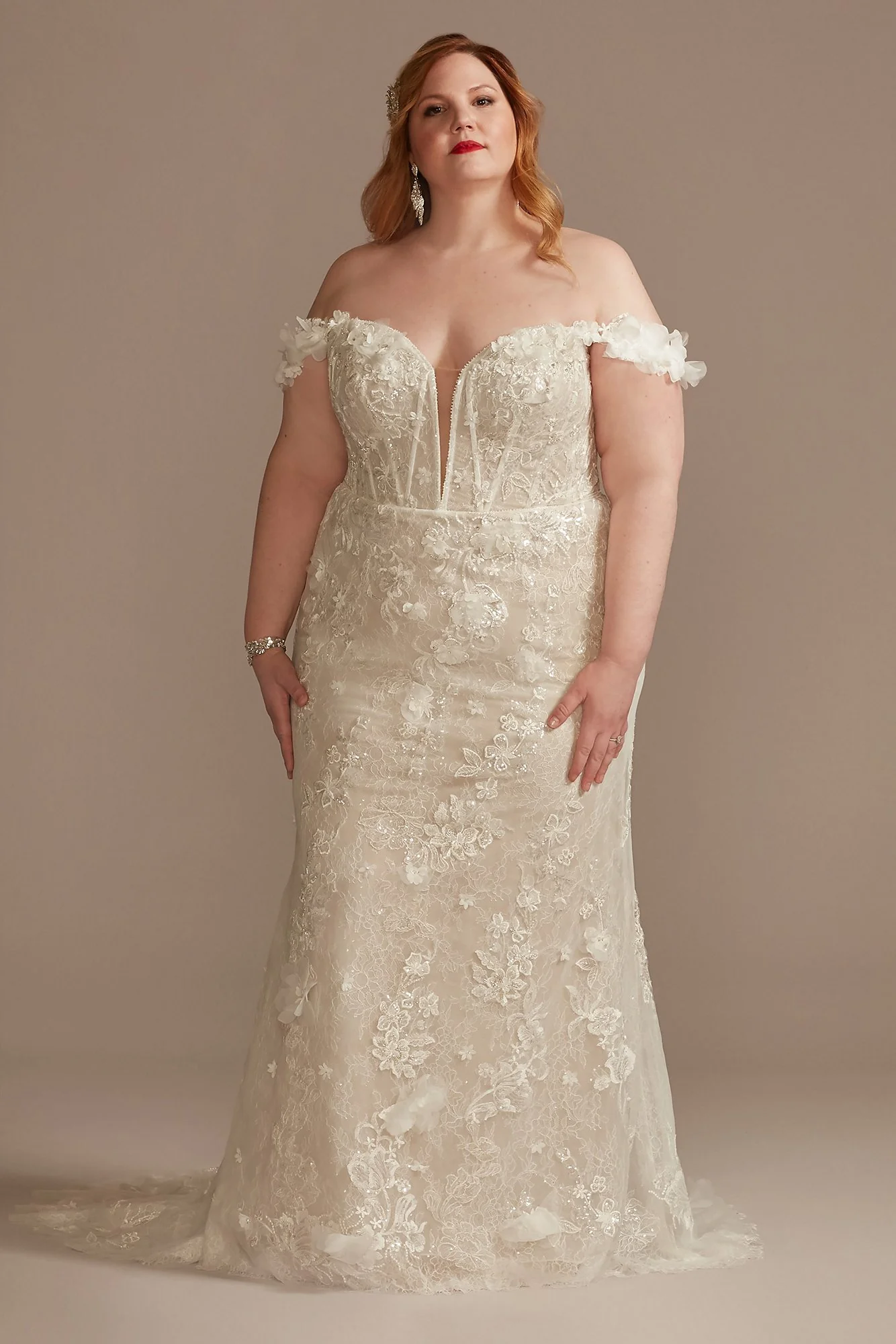 3D Floral Applique Plunge Sheath Wedding Dress - Image 4