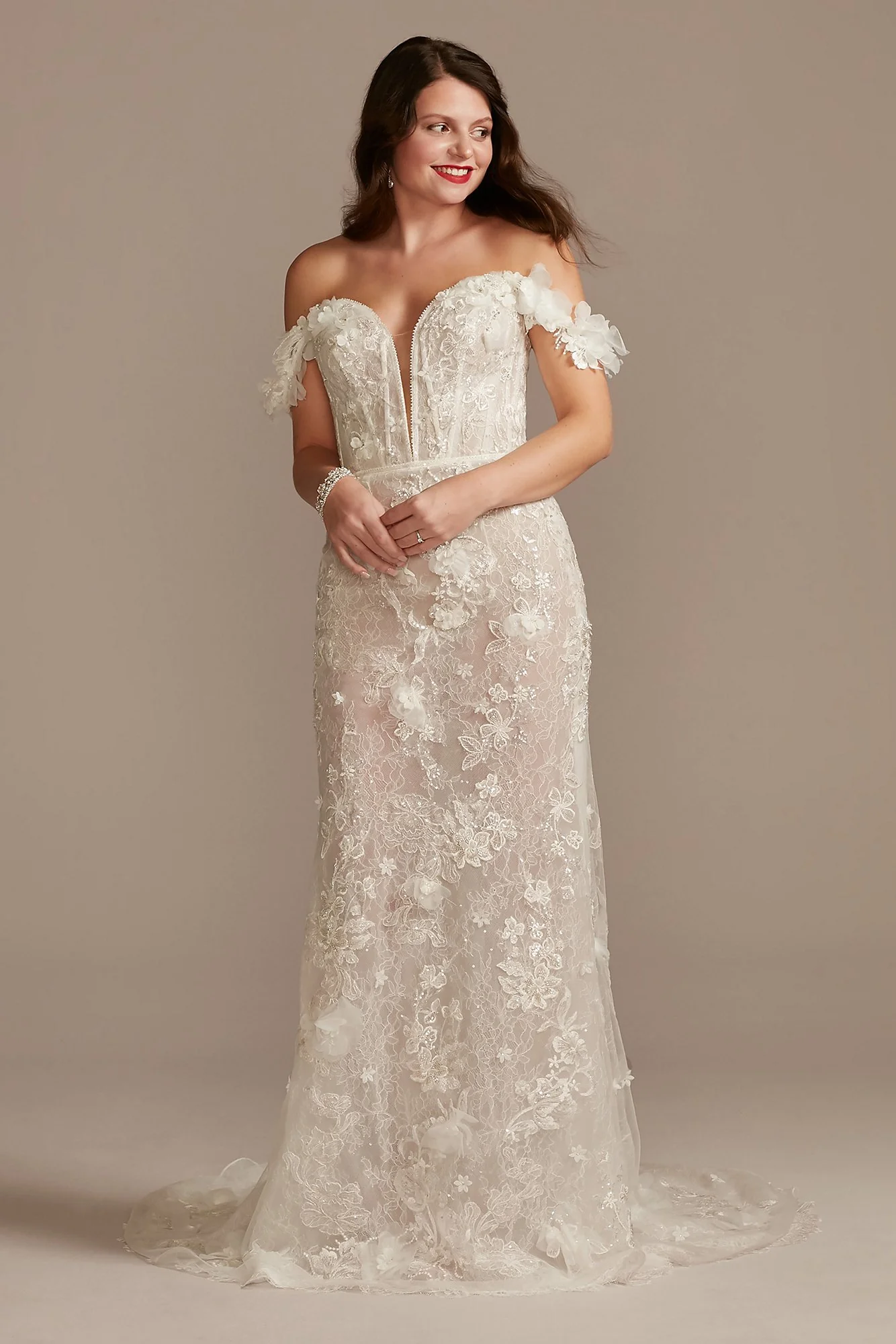 3D Floral Applique Plunge Sheath Wedding Dress - Image 5