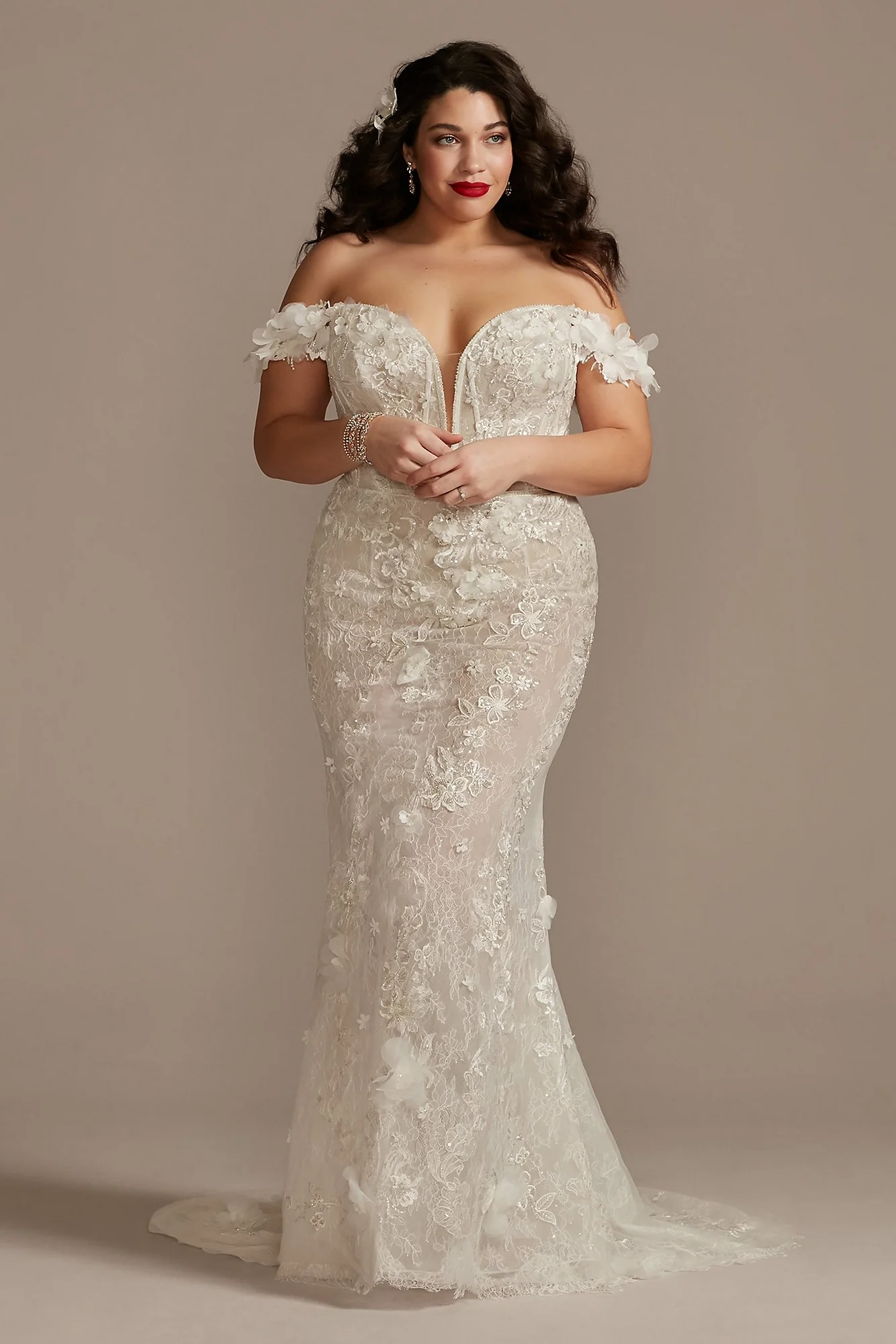 3D Floral Applique Plunge Sheath Wedding Dress - Image 8