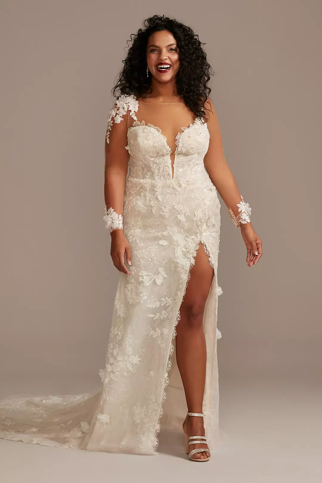 3D Floral Applique Wedding Dress with High Slit - Image 3
