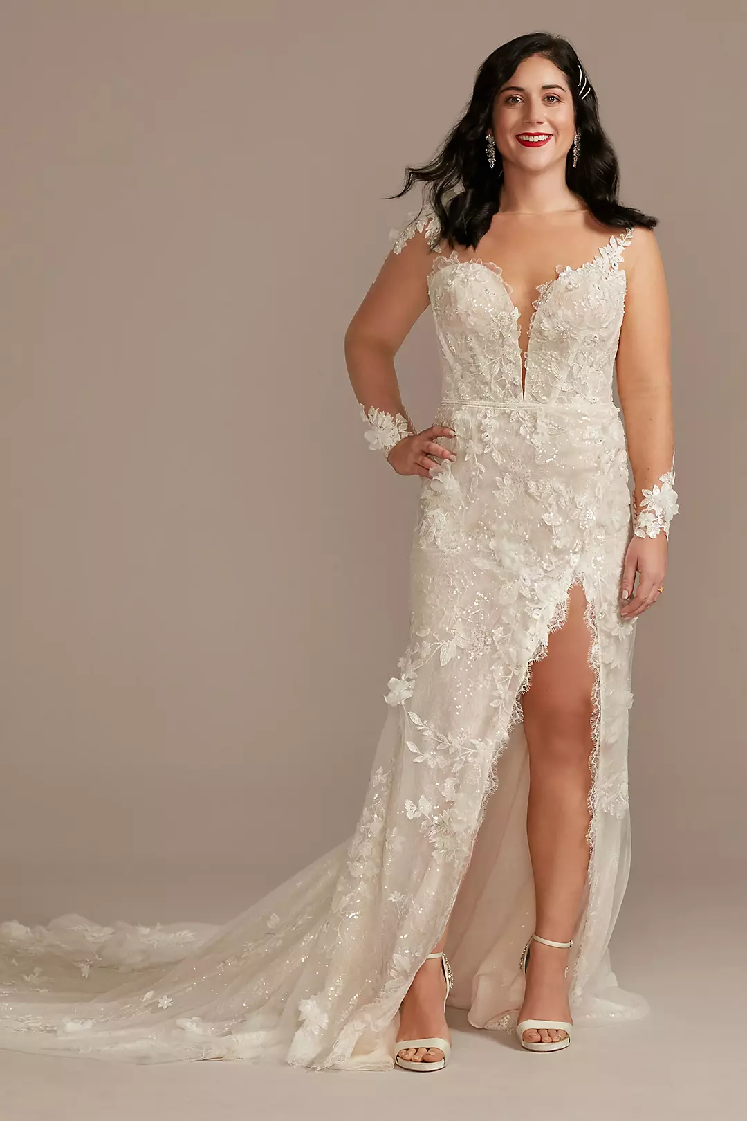 3D Floral Applique Wedding Dress with High Slit - Image 6