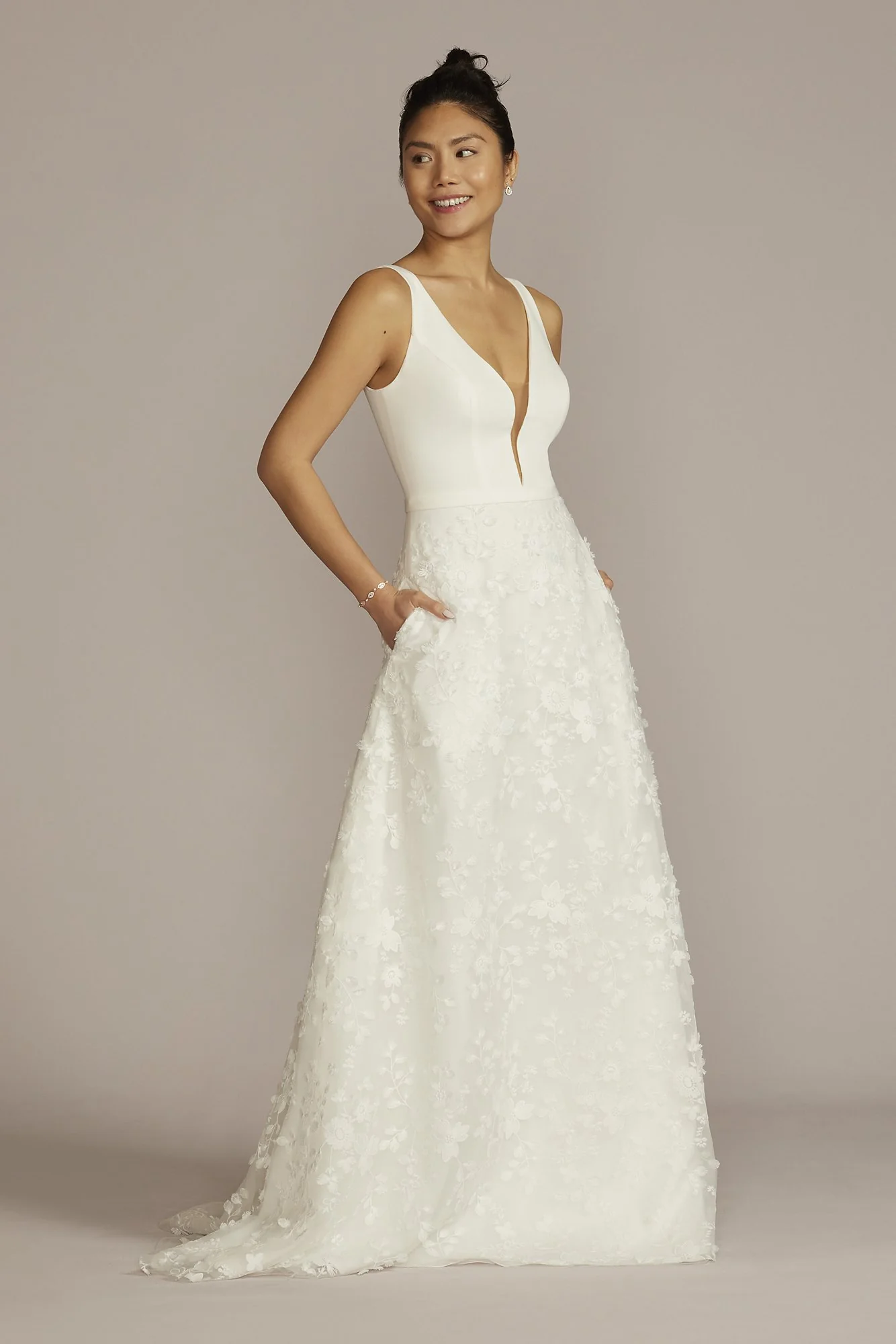 3D Floral Crepe A-Line Wedding Dress with Pockets - Image 2