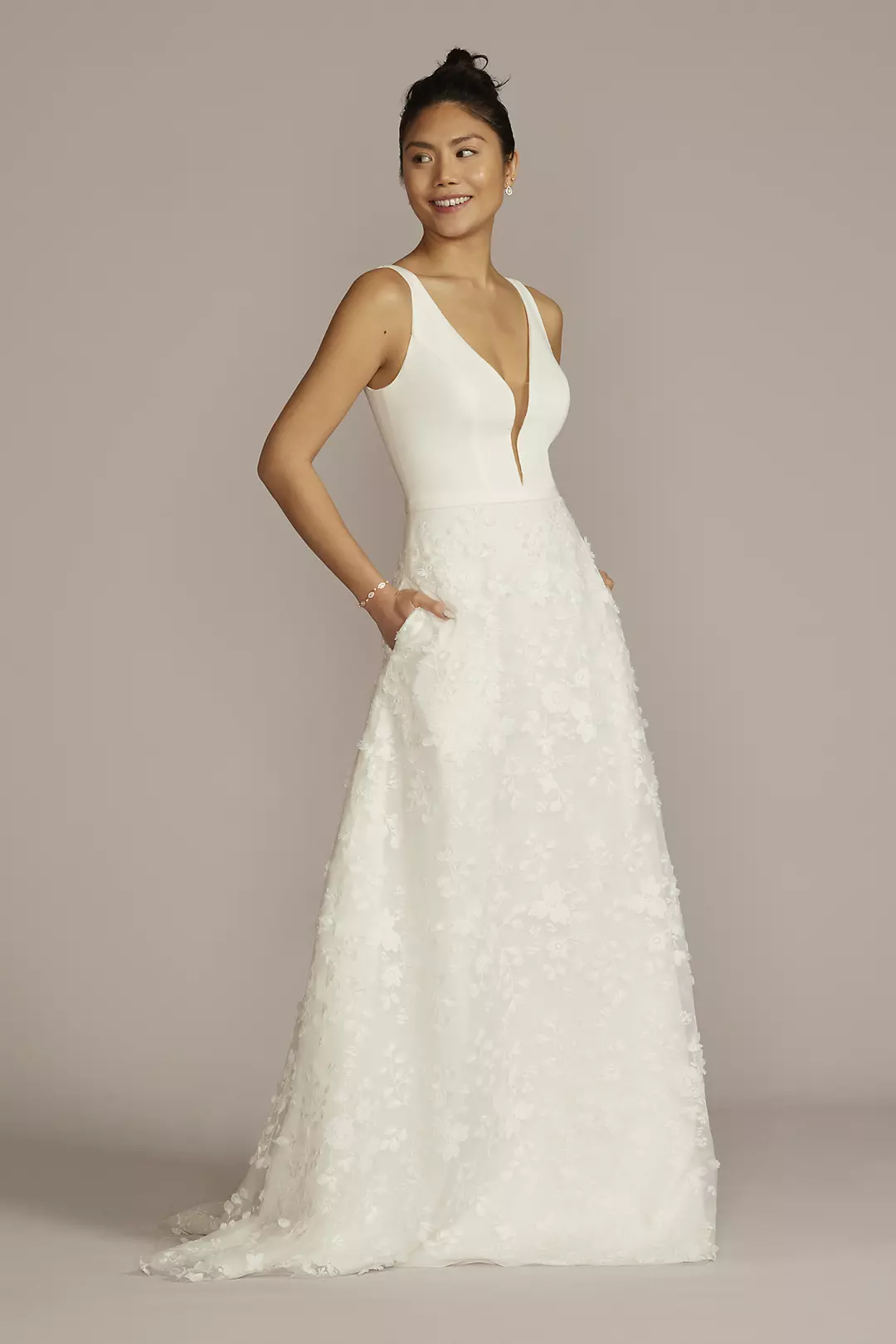 3D Floral Crepe A-Line Wedding Dress with Pockets - Image 6