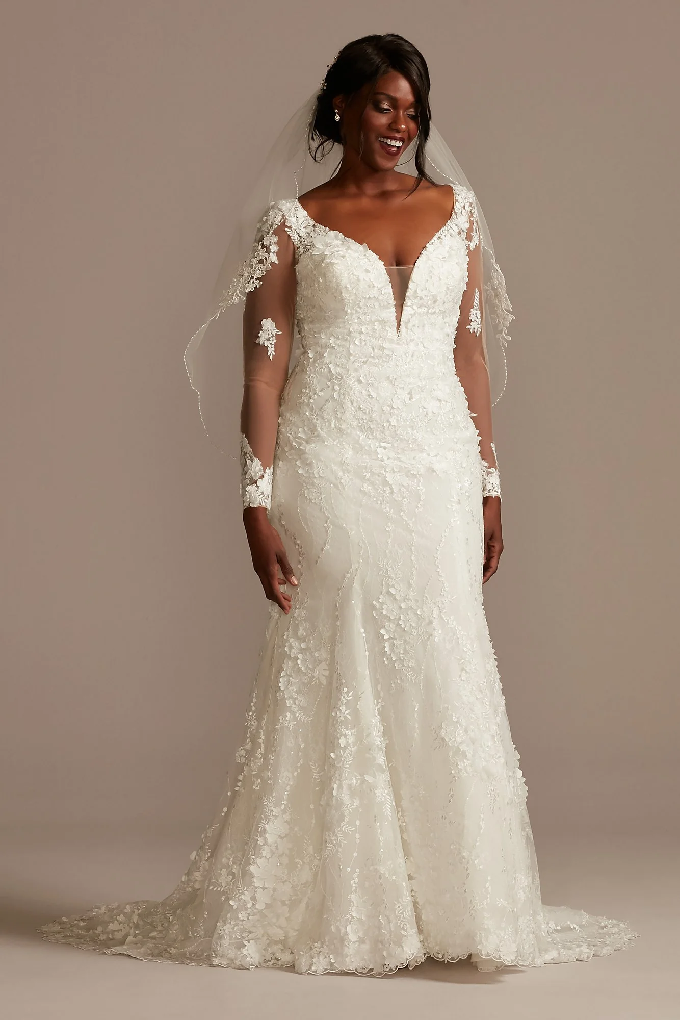 3D Floral Illusion Sleeve Plunge Wedding Dress - Image 2