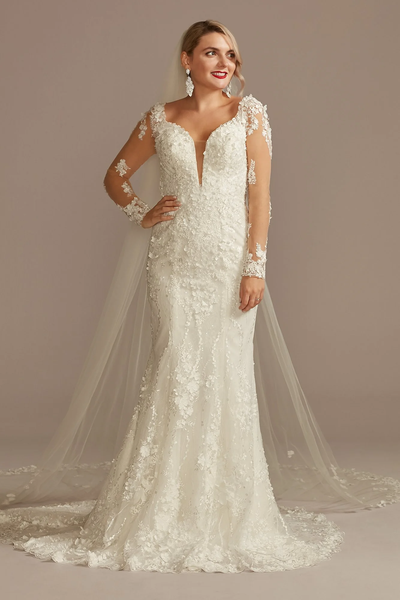 3D Floral Illusion Sleeve Plunge Wedding Dress - Image 3