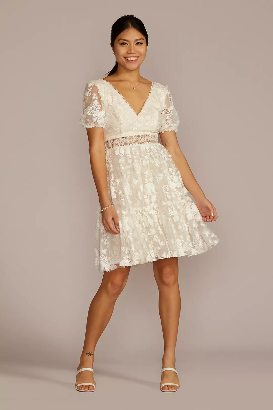 3D Floral Lace V-Neck Short Dress - Image 4