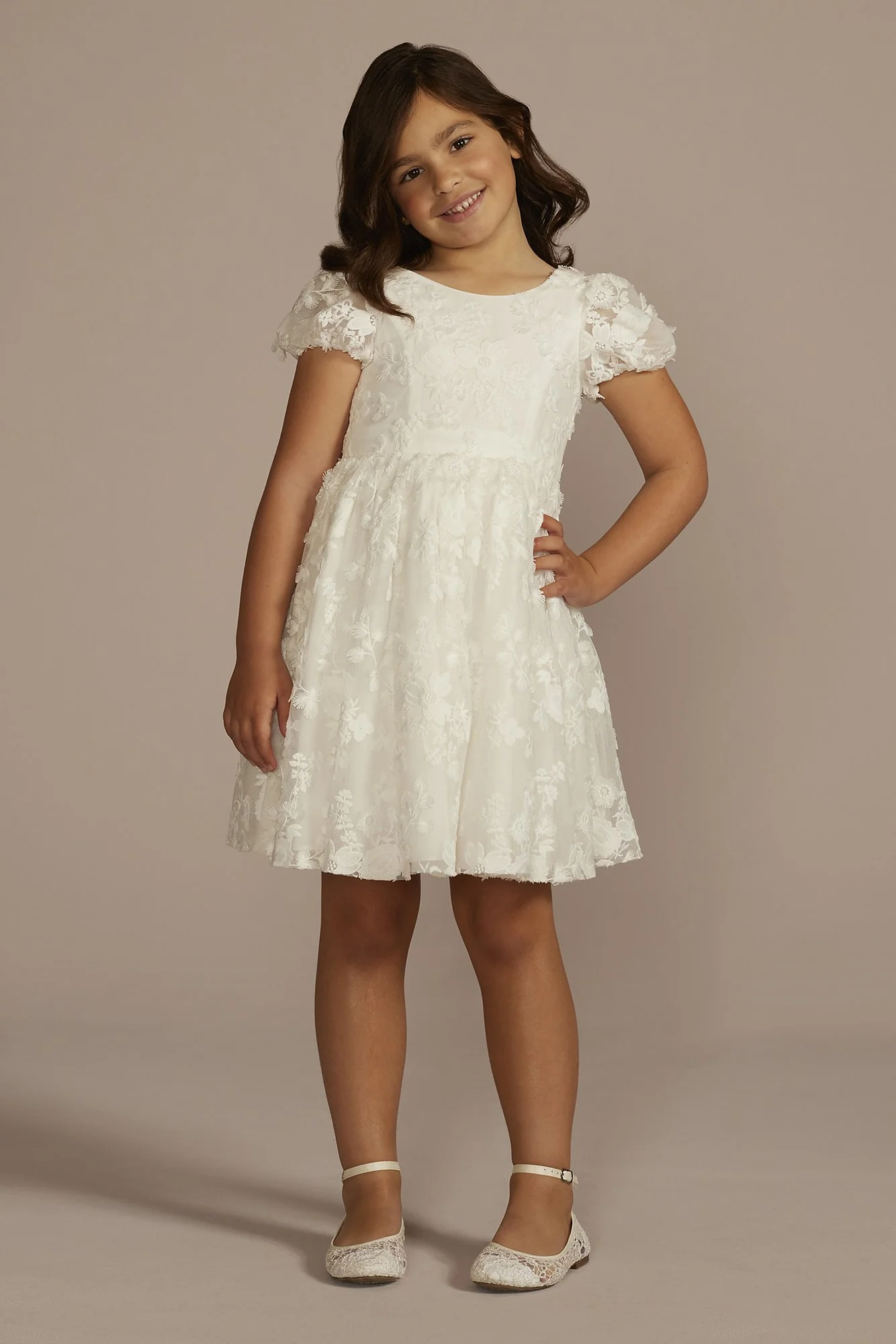 3D Floral Puff Sleeve Flower Girl Dress