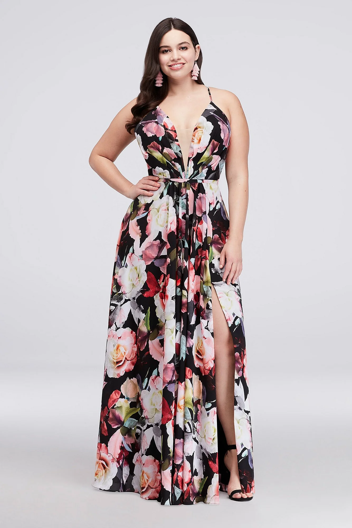 A-Line Floral Chiffon Gown with Slit Skirt - Image 3