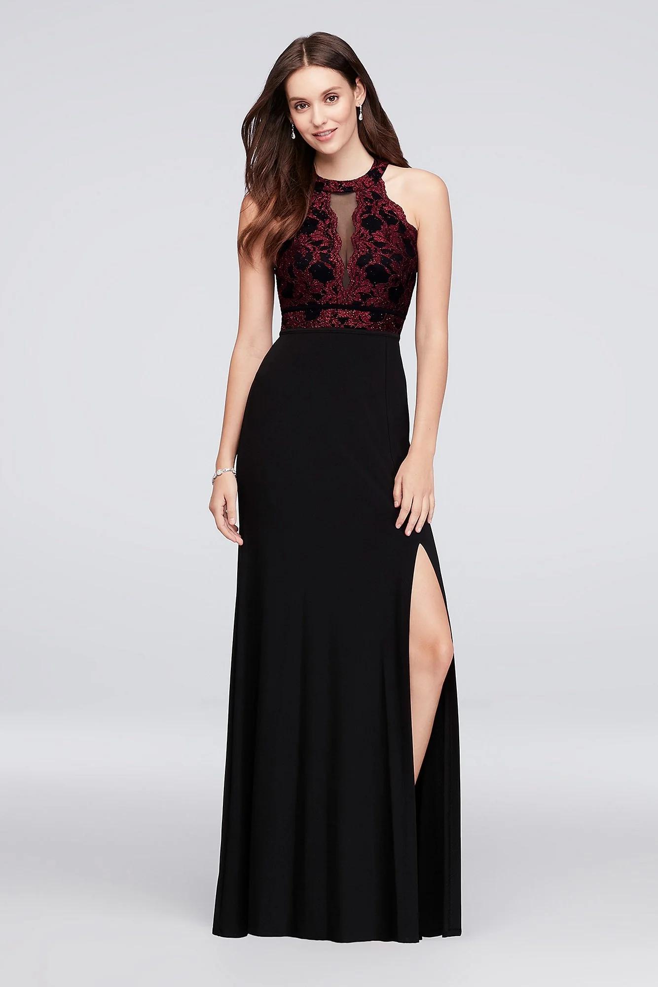A-Line Glitter Lace and Jersey High-Neck Gown