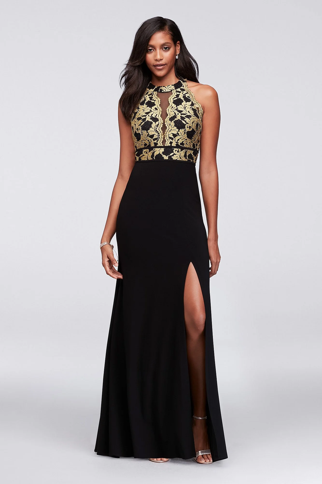 A-Line Glitter Lace and Jersey High-Neck Gown - Image 2