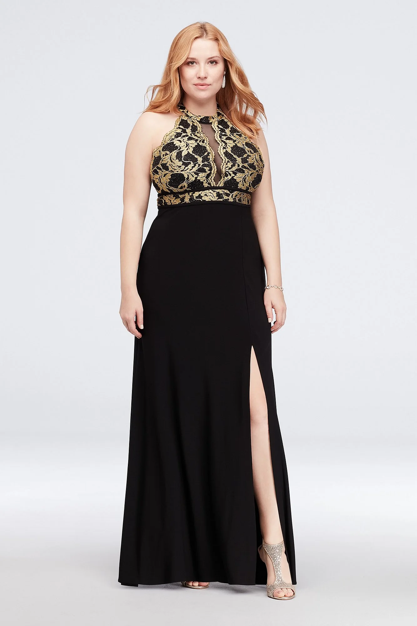 A-Line Glitter Lace and Jersey High-Neck Gown - Image 4