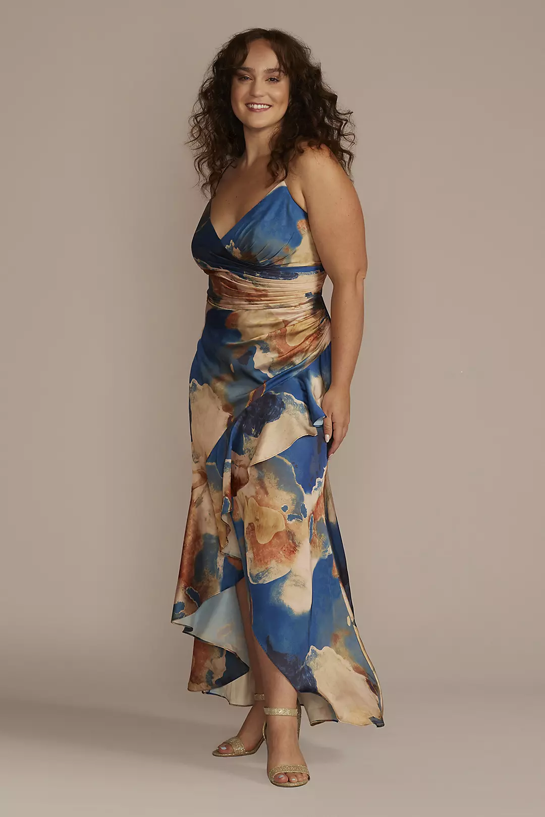 Abstract Floral Charmeuse Ruffle Dress - Image 2