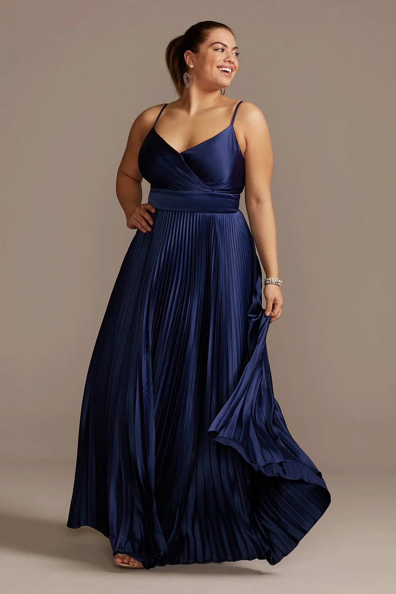Accordion Pleated Satin Spaghetti Strap Gown - Image 3