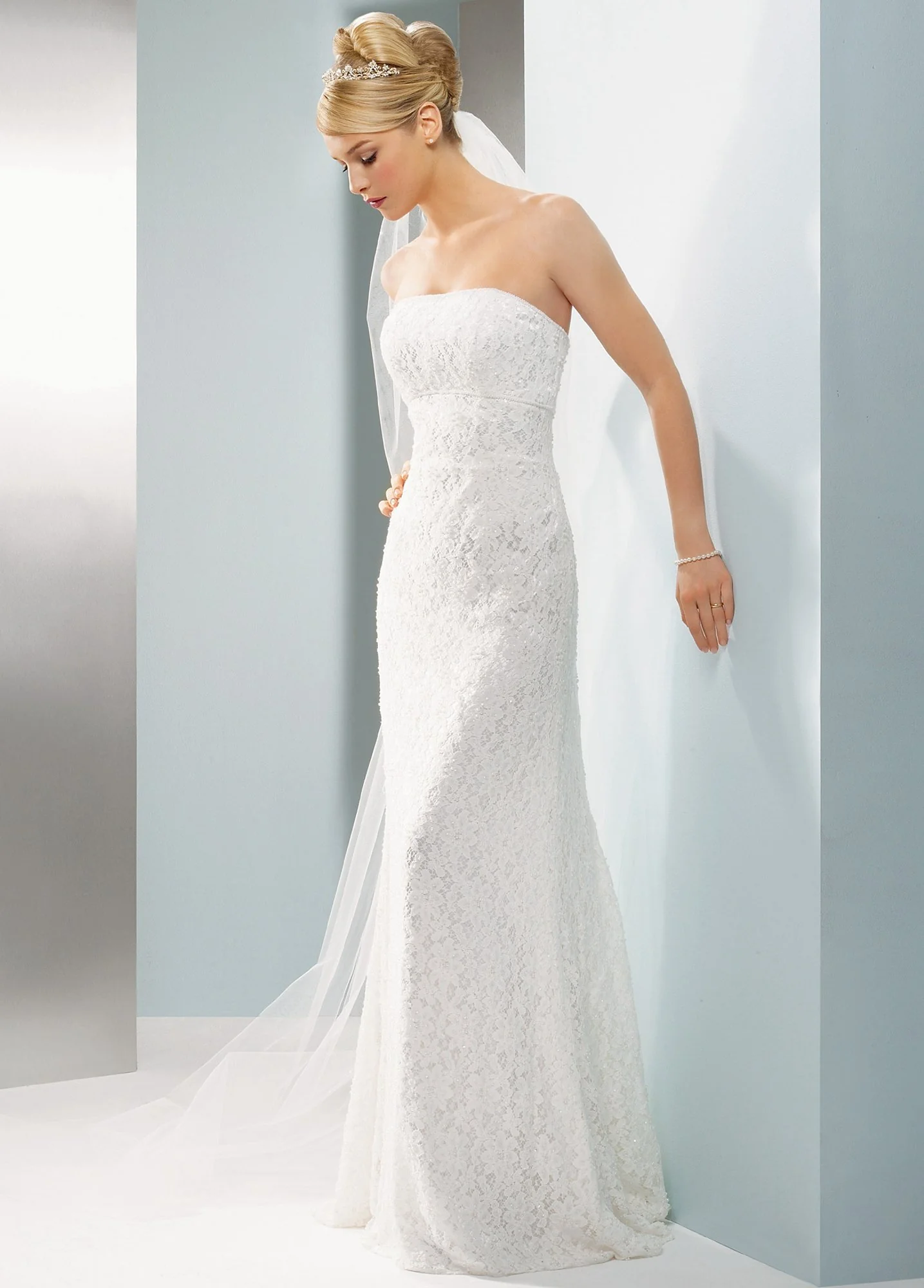 Allover Beaded Lace Sheath Empire Waist Gown - Image 2