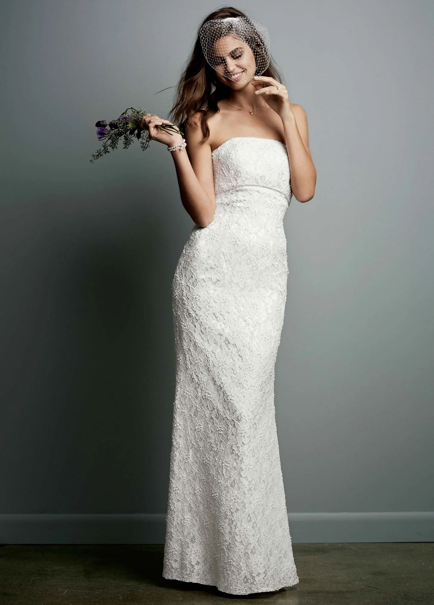 Allover Beaded Lace Sheath Gown with Empire Waist. - Image 2