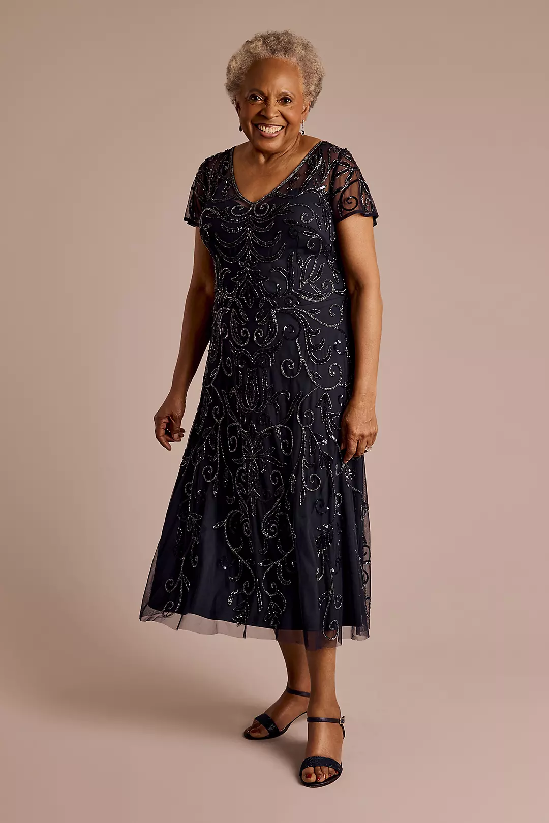 Allover Beaded Short Sleeve Midi Dress - Image 4