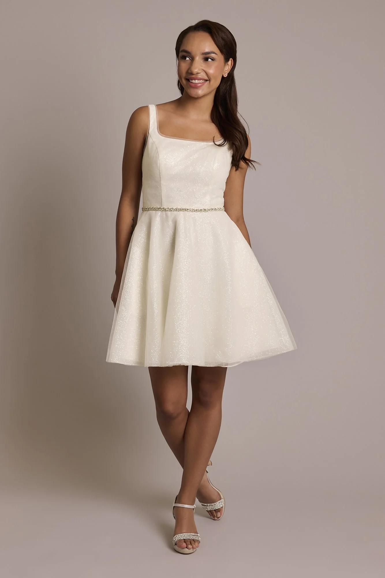Allover Glitter Square Neck A-Line Short Dress - Image 2
