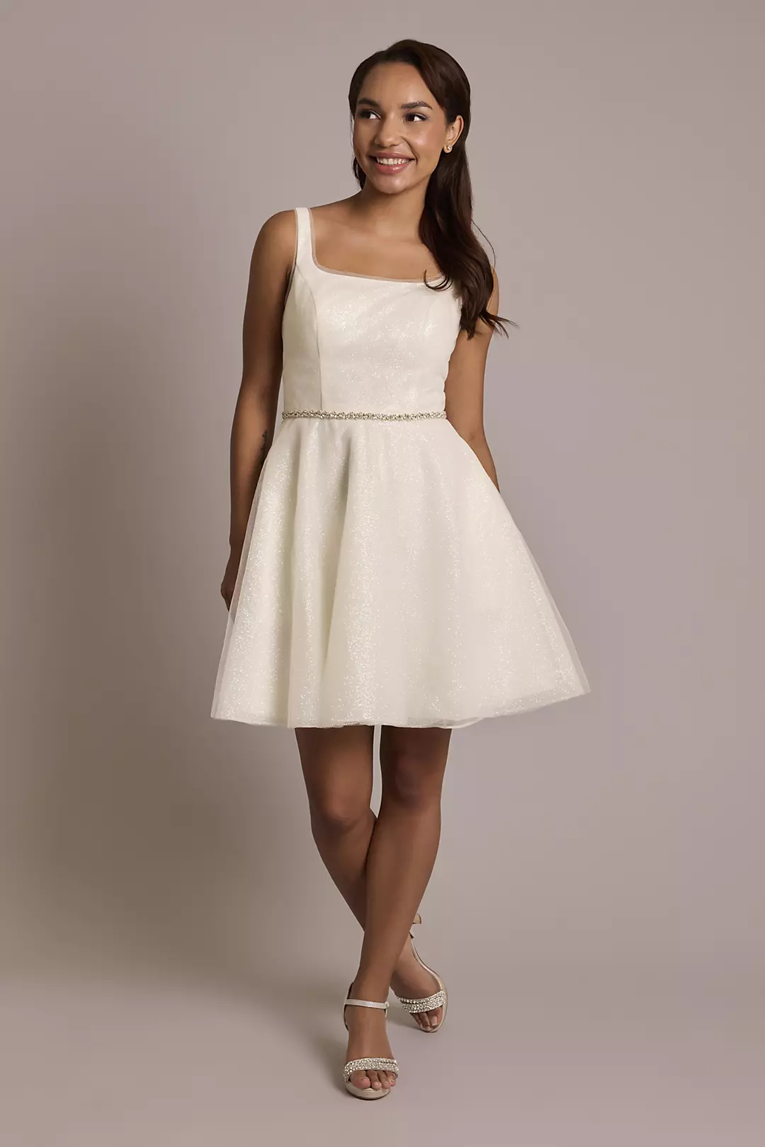 Allover Glitter Square Neck A-Line Short Dress - Image 5