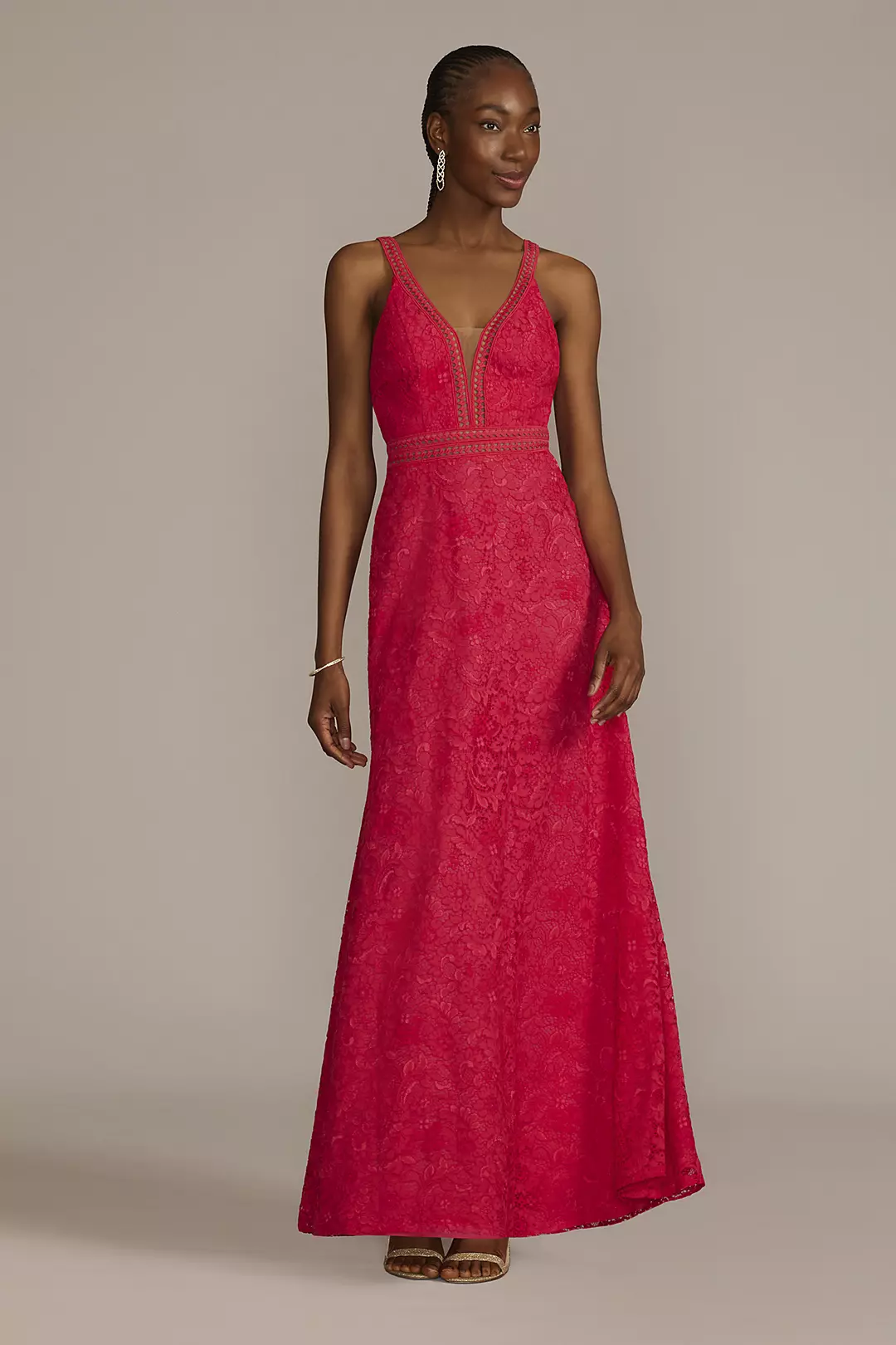 Allover Lace Illusion Plunge Gown