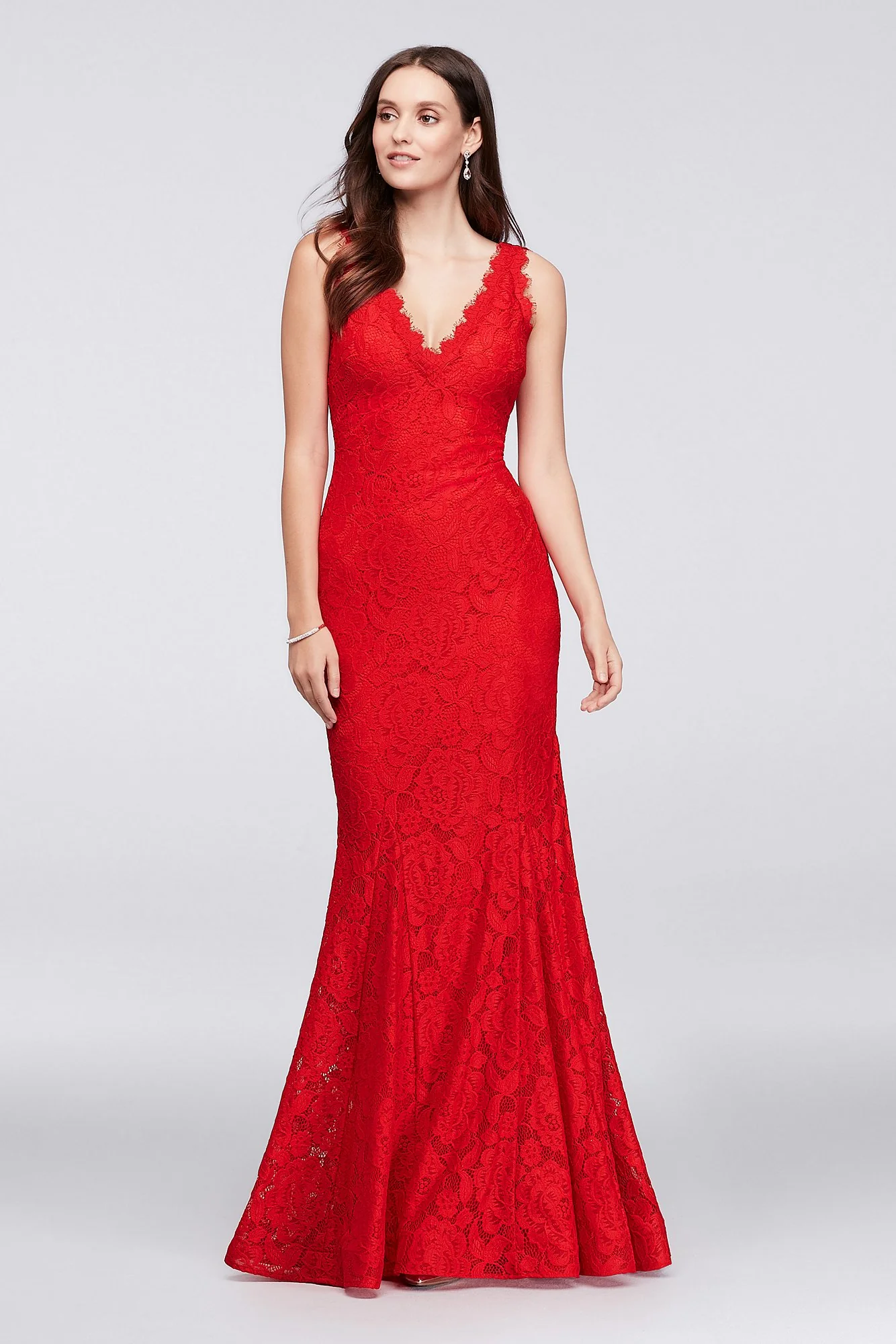 Allover Lace V-Neck Gown with Eyelash Trim
