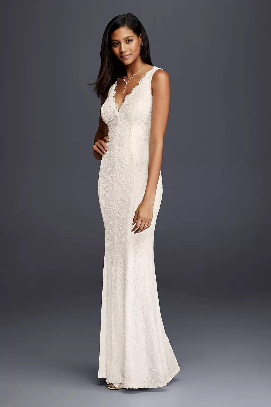 Allover Lace V-Neck Sheath Wedding Dress - Image 5